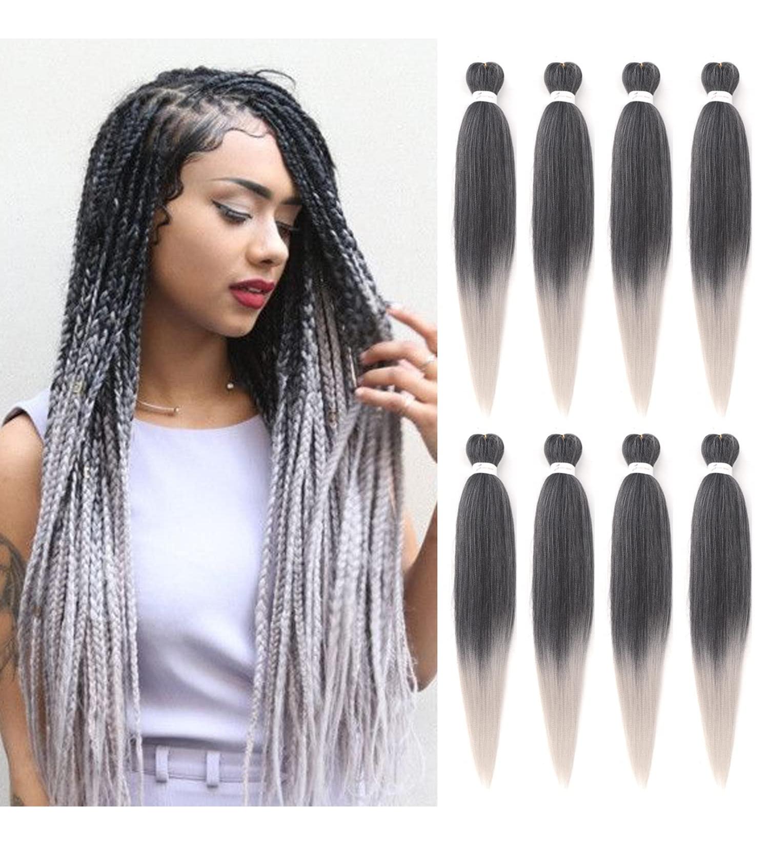 8 Packs/Lot EZ Braid 26 inch Professional Pre Stretched Braiding Hair Yaki Texture Braiding Hair for Crochet Hair Braids Long Free Synthetic Fiber Hair Extensions (#T1B/Silver) 26 Inch (Pack of 8) #T1B/Silver - Buy Online on GoSupps.com