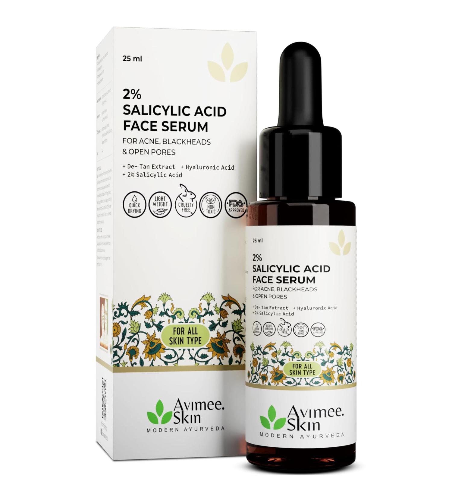 AVIMEE HERBAL 2% Salicylic Acid Face Serum For Acne Blackheads & Open Pores | Reduces Excess Oil & Bumpy Texture | For Acne Prone or Oily Skin | 25 ml (Pack of 1) - Buy Online on GoSupps.com