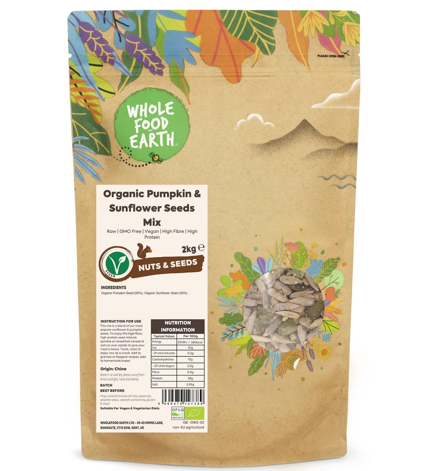 Wholefood Earth Organic Pumpkin & Sunflower Seeds Mix 2kg - Vegan, GMO Free, High Fibre & Protein | Certified Organic - Buy Online on GoSupps.com