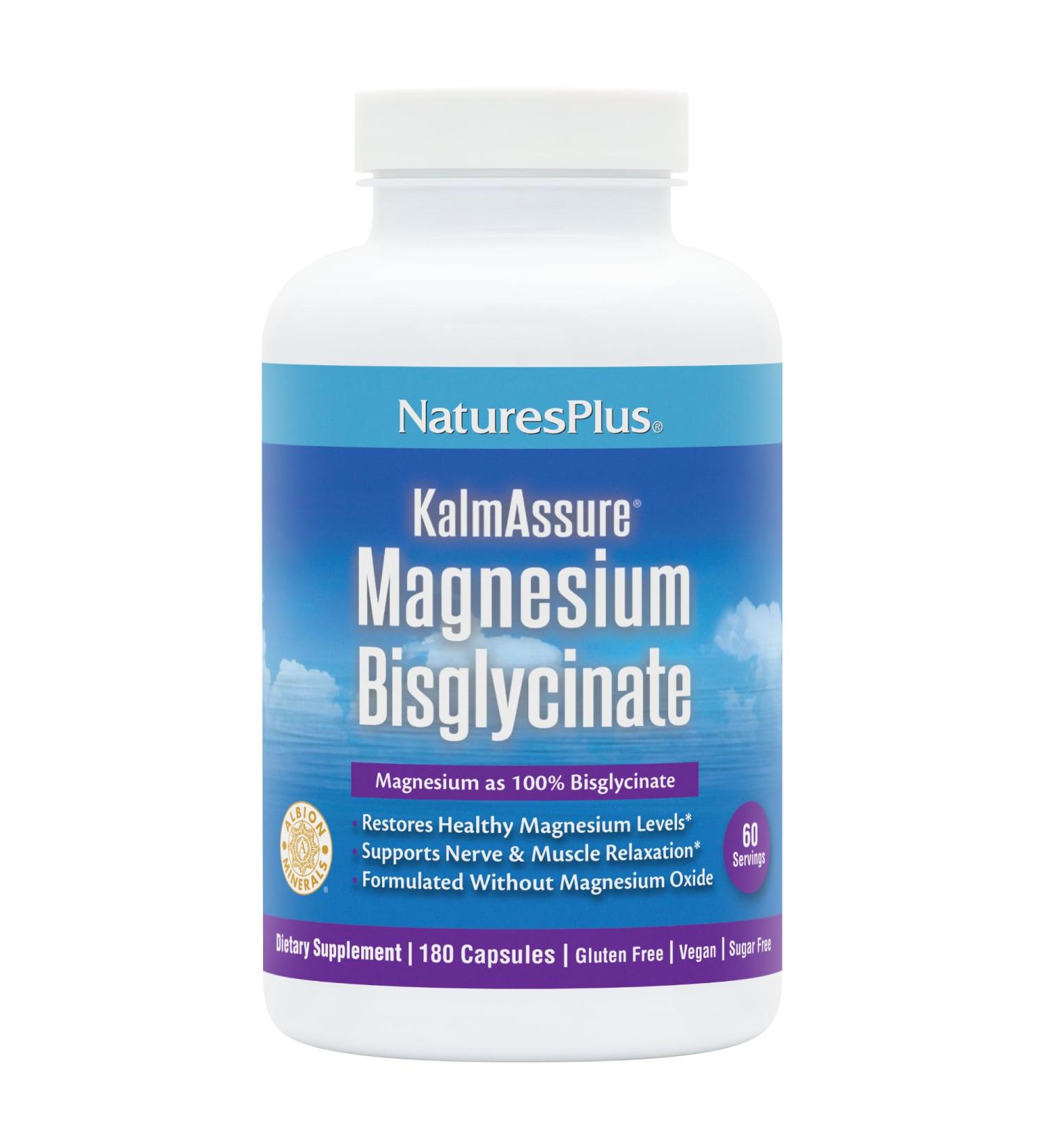 NaturesPlus KalmAssure Magnesium Bisglycinate - 180 Capsules - Supports Nerve & Muscle Relaxation - Formulated Without Magnesium Oxide - 60 Servings - Buy Online on GoSupps.com