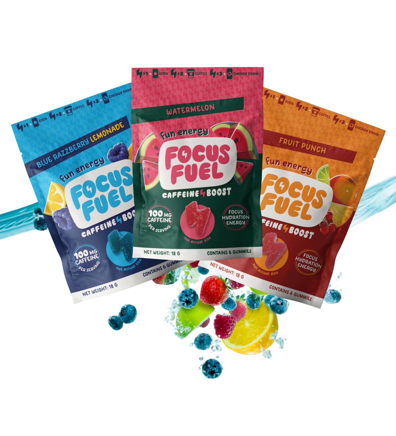 FocusFuel Energy Chews Trial Size Variety Sample Pack (9 Servings) 100mg Caffeine + Alpha GPC + L-Theanine + B12 Magnesium Blue Razzberry Lemonade Watermelon Fruit Punch No Crash or Jitters Watermelon Fruit Punc  - Buy Online on GoSupps.com