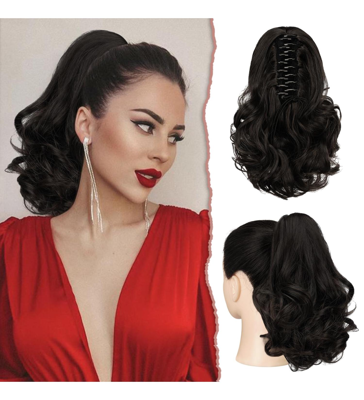 Sofeiyan 28cm Clip-In Ponytail Extensions | Curly Corrugated Synthetic Hair | Black & Medium Chestnut Brown Mix Ideal for Women - Buy Online on GoSupps.com