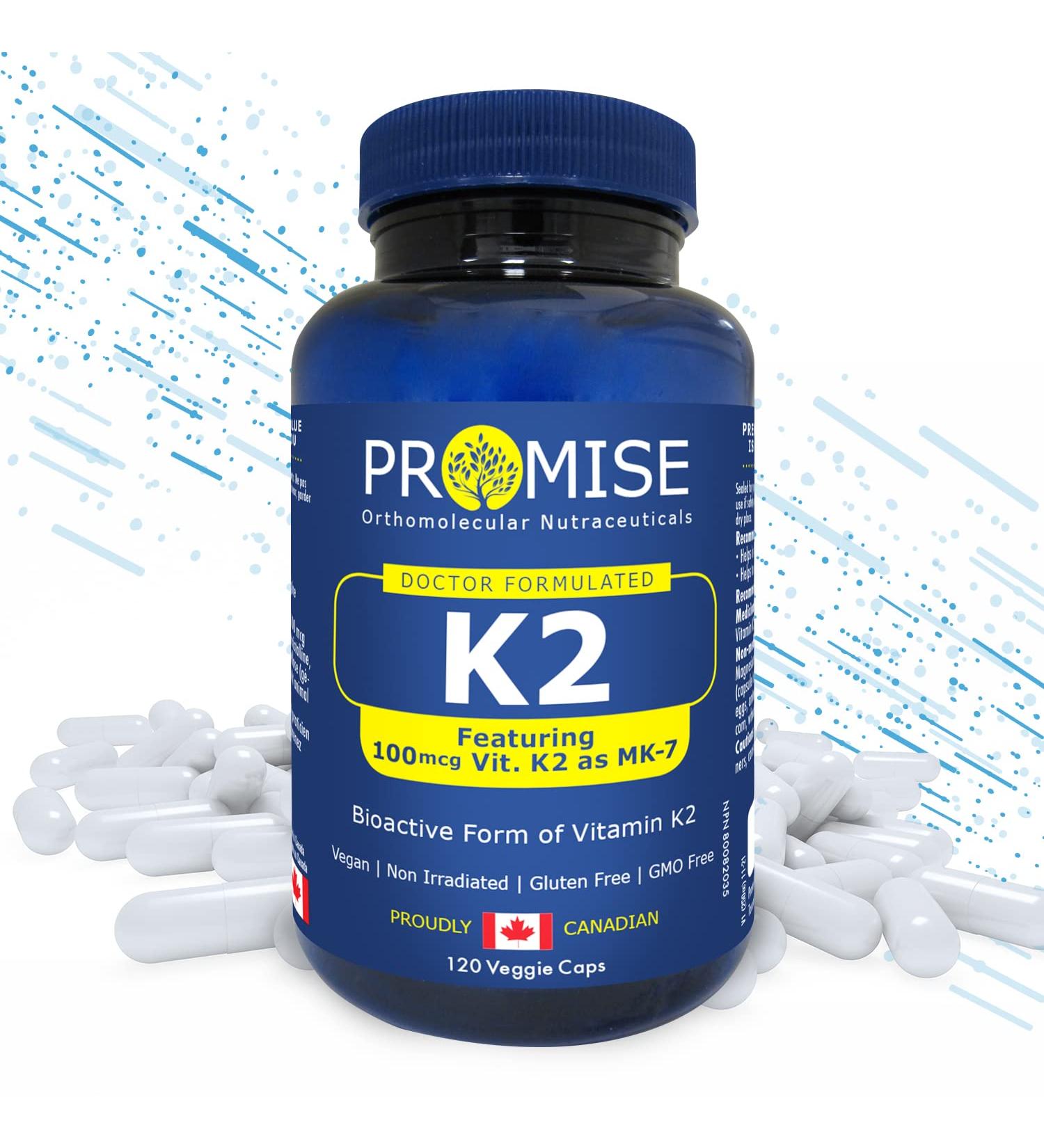 Promise Vitamin K2 MK-7 100mcg 120 Capsules- Bioactive Menaquinone-7 Bone Tissue & Heart Health- non-GMO Natto Vegan and Gluten-Free Made In Canada - Buy Online on GoSupps.com