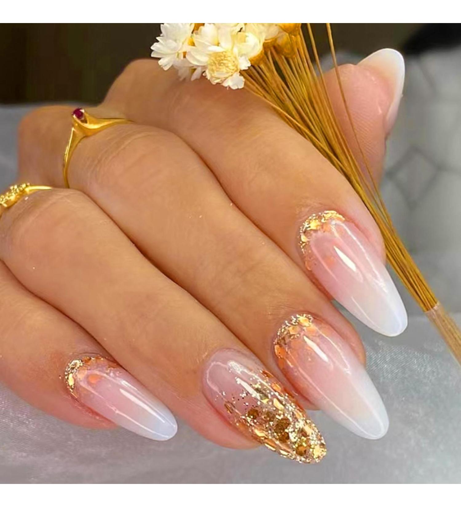 24Pcs Short Almond Pink French Tip Press on Nails with Gold Glitter - DIY Stiletto Acrylic False Nails for Women and Girls - Includes Glue Stickers - Buy Online on GoSupps.com