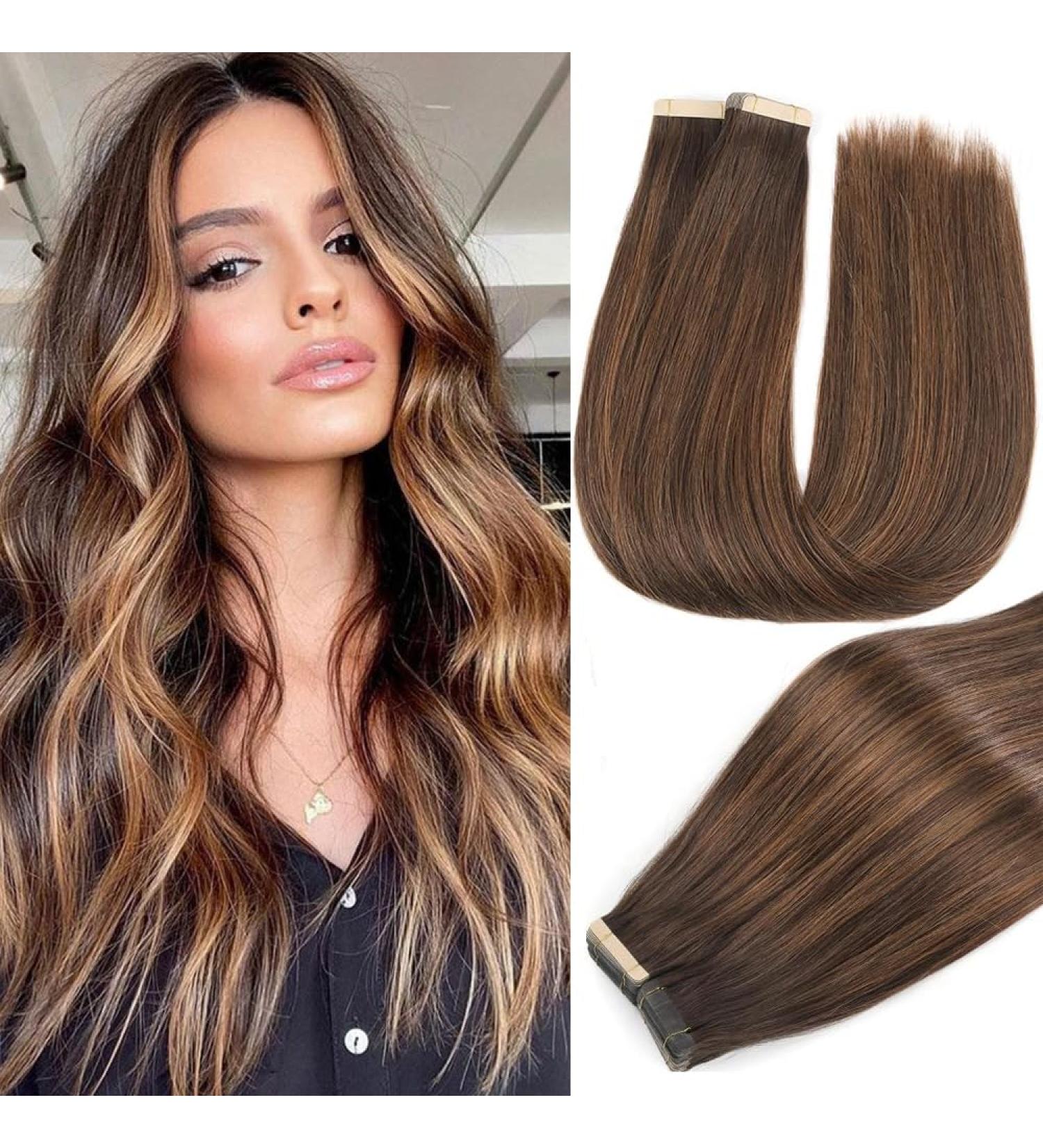 YDDM Tape-In Extensions - 20 Pcs 50cm Dark Brown & Chestnut - Real Hair Skin Weft 20 Inch - Invisible Tape Hair Extensions - Buy Online on GoSupps.com