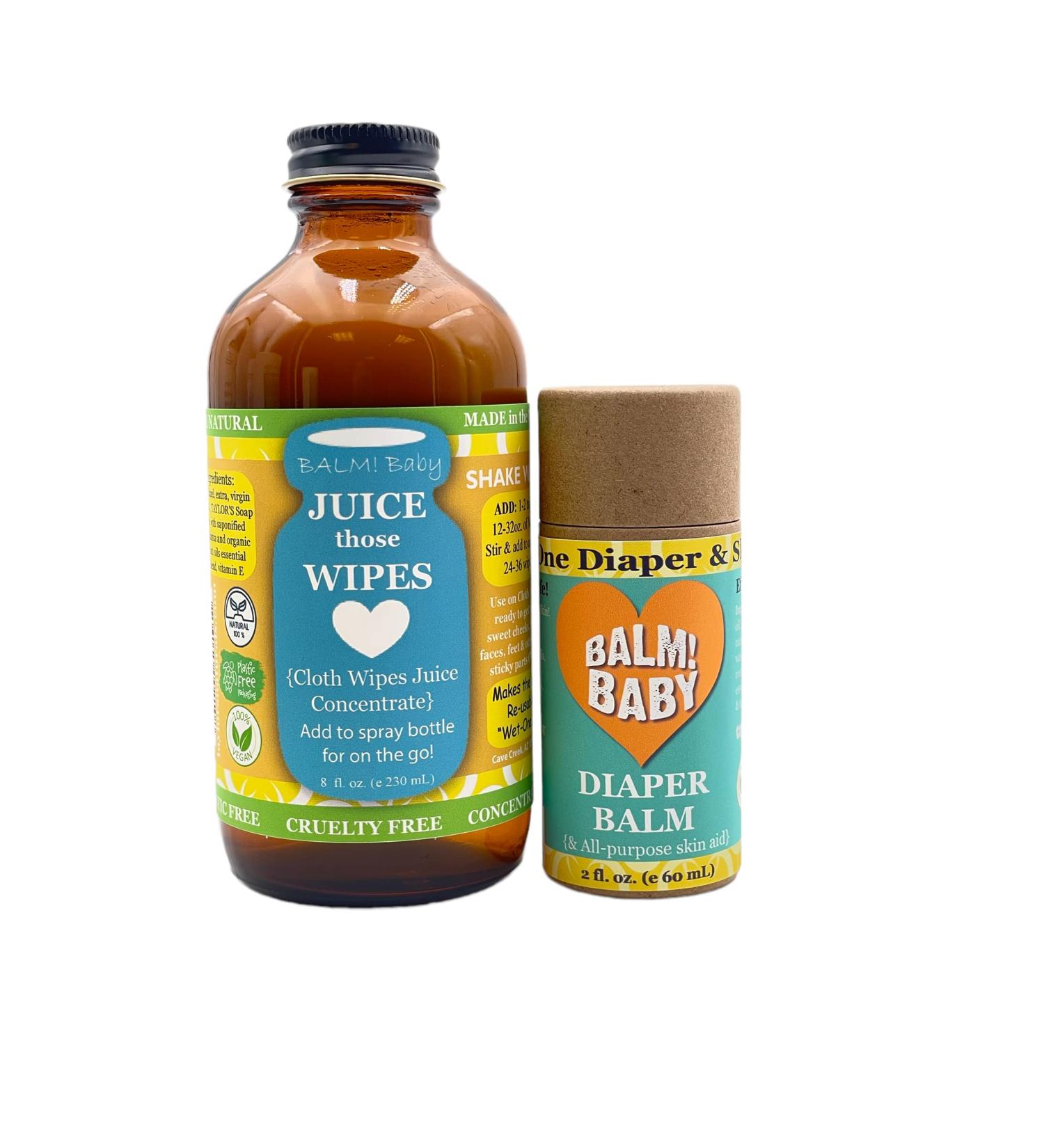 BALM! Baby Juice Those Wipes and Diaper Balm - Cloth Wipes Concentrated Solution + Diaper Balm Stick - All Natural - Cloth Diaper Safe - Plastic Free - Glass Bottle + Eco-Stick - Made in USA - Buy Online on GoSupps.com
