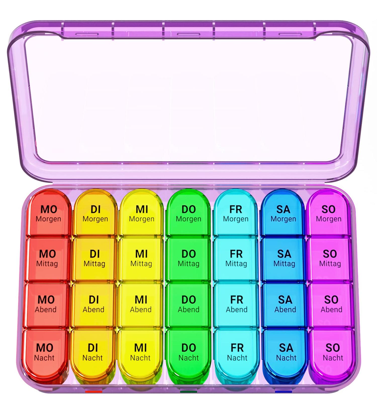 7-Day Pill Organizer with 4 Compartments | Portable Medication Box for Tablets | Removable Purple Housing - Buy Online on GoSupps.com