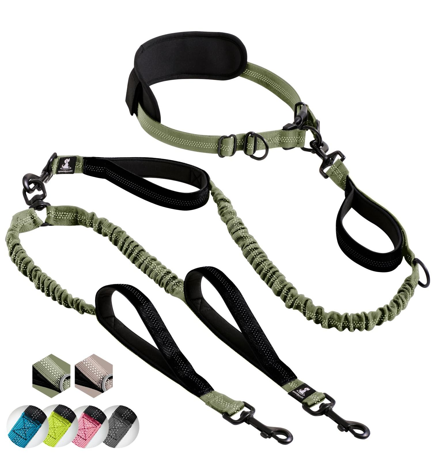 2-in-1 Dog Jogging Line & Leash | Dual Handle Belly Belt for Large & Medium Dogs | Green Army Dog Leash for Jogging & Hiking - Perfect for Two Dogs - Buy Online on GoSupps.com