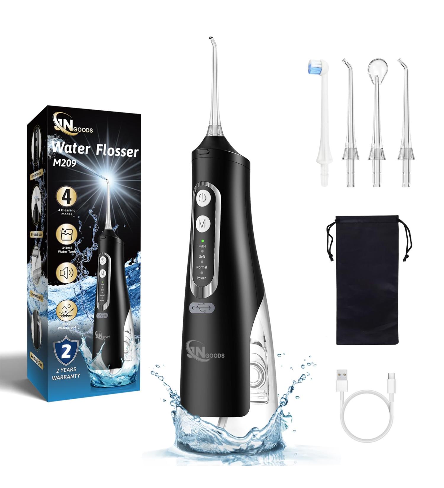 JNGOODS Cordless Water Flosser - Rechargeable Oral Irrigator 310ml IPX7 Waterproof 4 Modes & 4 Jet Tips - Portable Dental Care for Travel & Home (Black - Buy Online on GoSupps.com