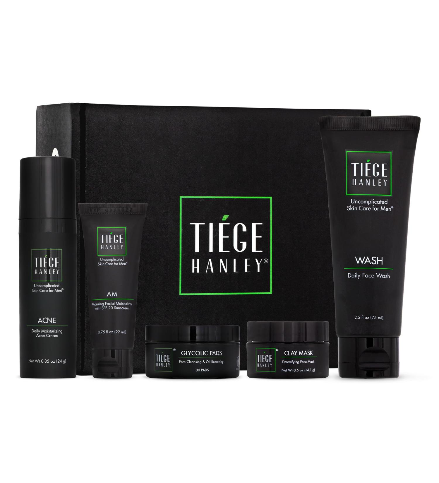 Tiege Hanley Acne Treatment for Men - Level 3 Facial System with Moisturizer Cream Face Wash Charcoal Mask & Glycolic Pads - All Skin Types - International Shipping Available - Buy Online on GoSupps.com