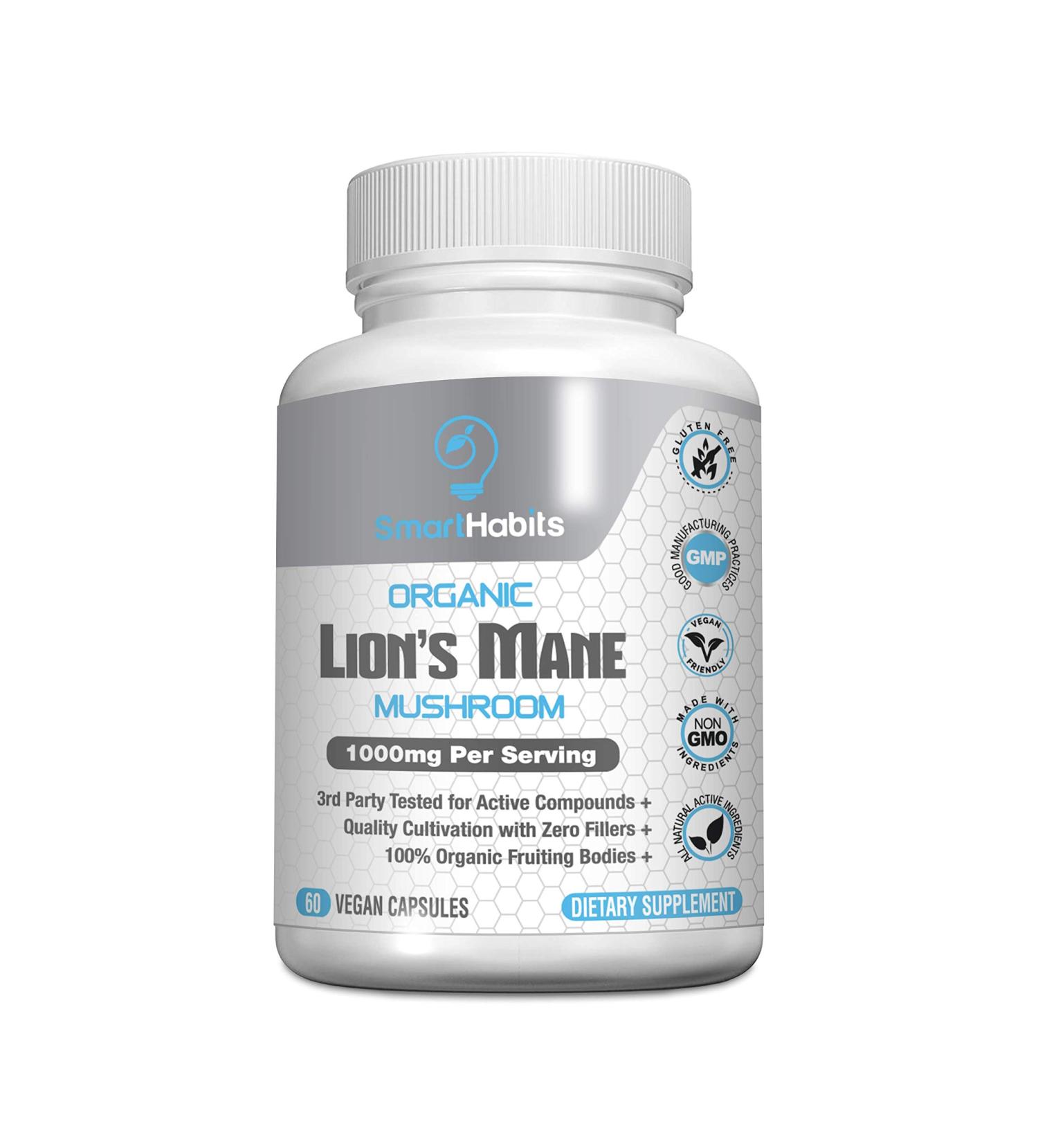 Organic Lions Mane Mushroom Capsules 1000mg - Nootropic Superfood Supplement for Brain, Nerve, and Immune Support - Non-GMO, Gluten-Free, Vegan - 3rd Party Tested - Buy Online on GoSupps.com