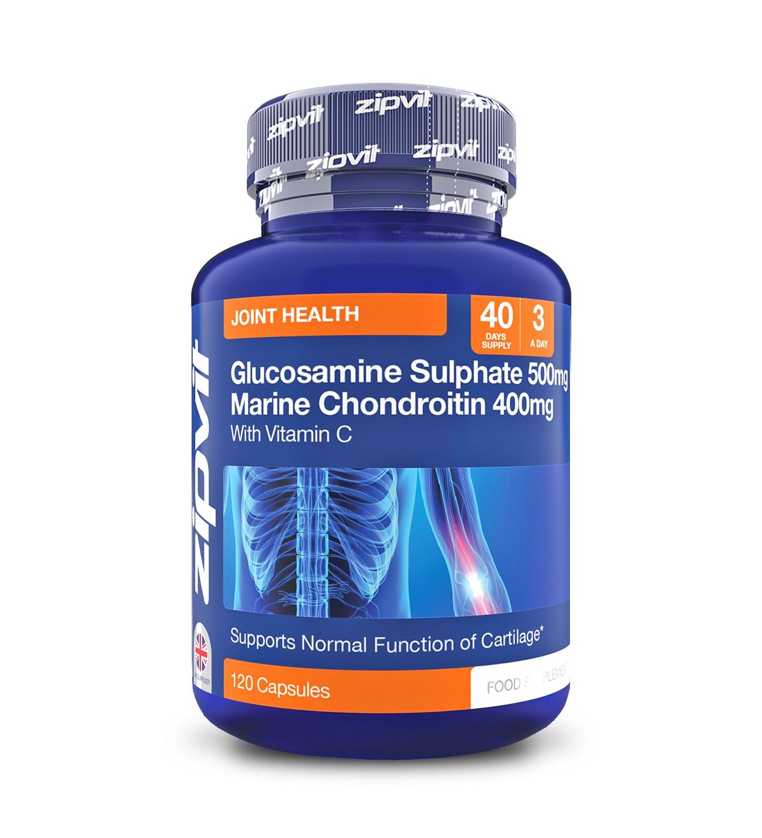 Zipvit Glucosamine and Chondroitin High Strength 120 Capsules with Vitamin C Supports Cartilage Joint Health Bone Health Immunity 1500mg Glucosamine 1200mg Marine Chondroitin - Buy Online on GoSupps.com