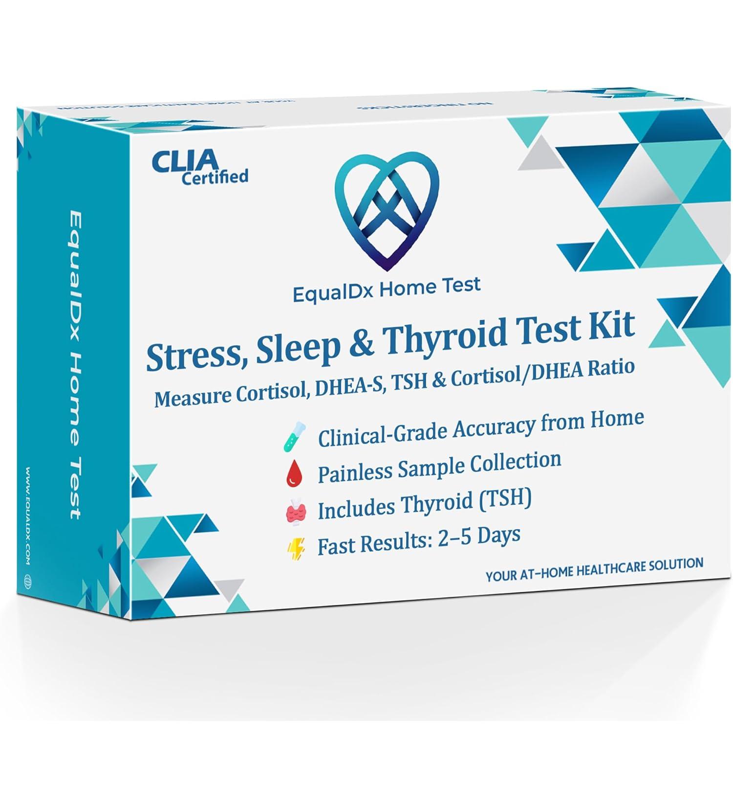 EqualDx 4-in-1 Stress, Sleep & Thyroid Test – Cortisol Test Kit at Home with DHEA-S, TSH, Cortisol/DHEA Ratio - Adrenal & Thyroid Hormone Panel - Clinical-Grade Accuracy Painless Collection - Buy Online on GoSupps.com