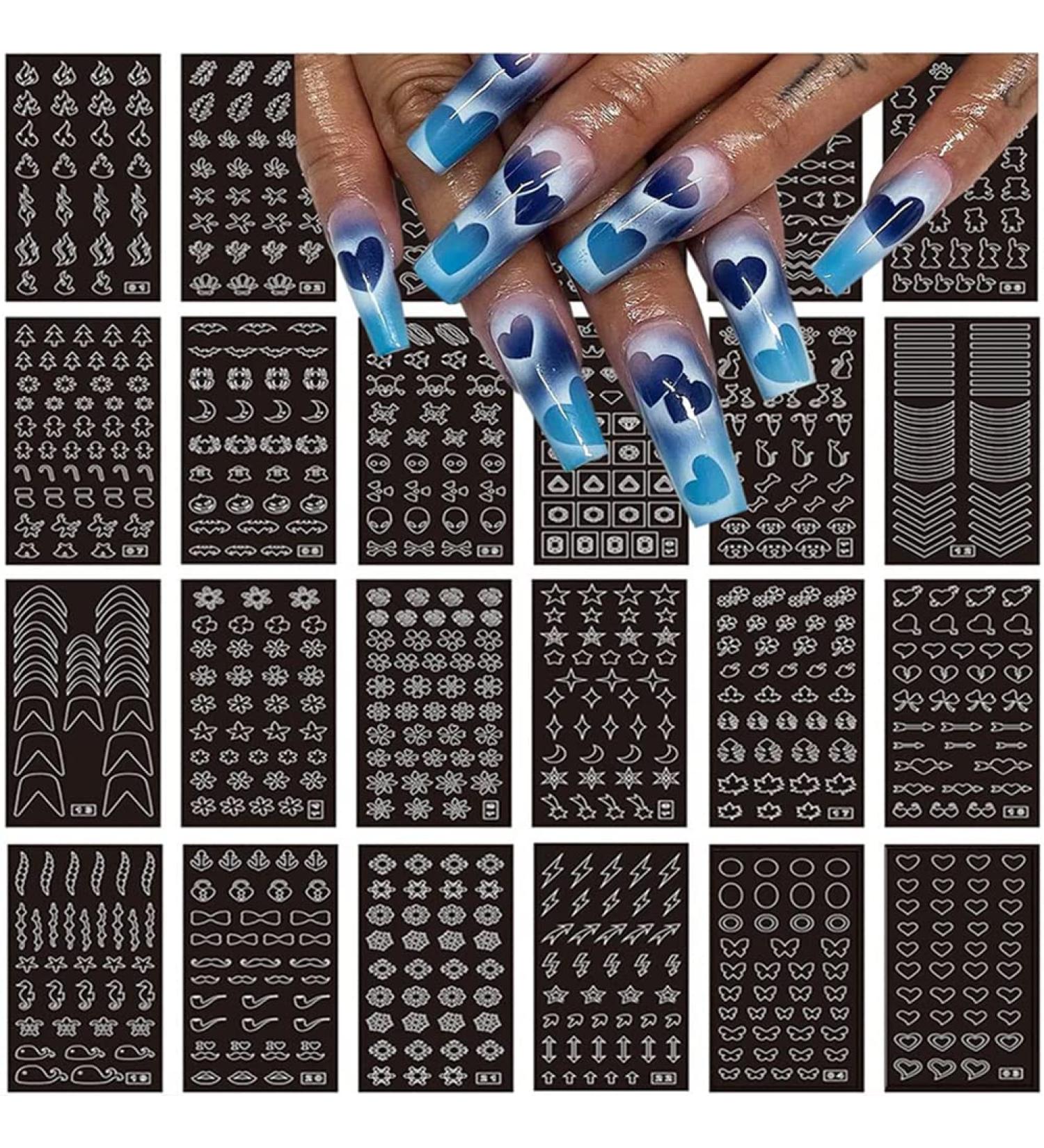 Reusable Airbrush Nail Stickers Stencil - 24 Sheets for DIY Nail Art Designs - French Butterfly Flower Heart Moon Star Christmas Decals - Self-Adhesive Template Tool - Buy Online on GoSupps.com