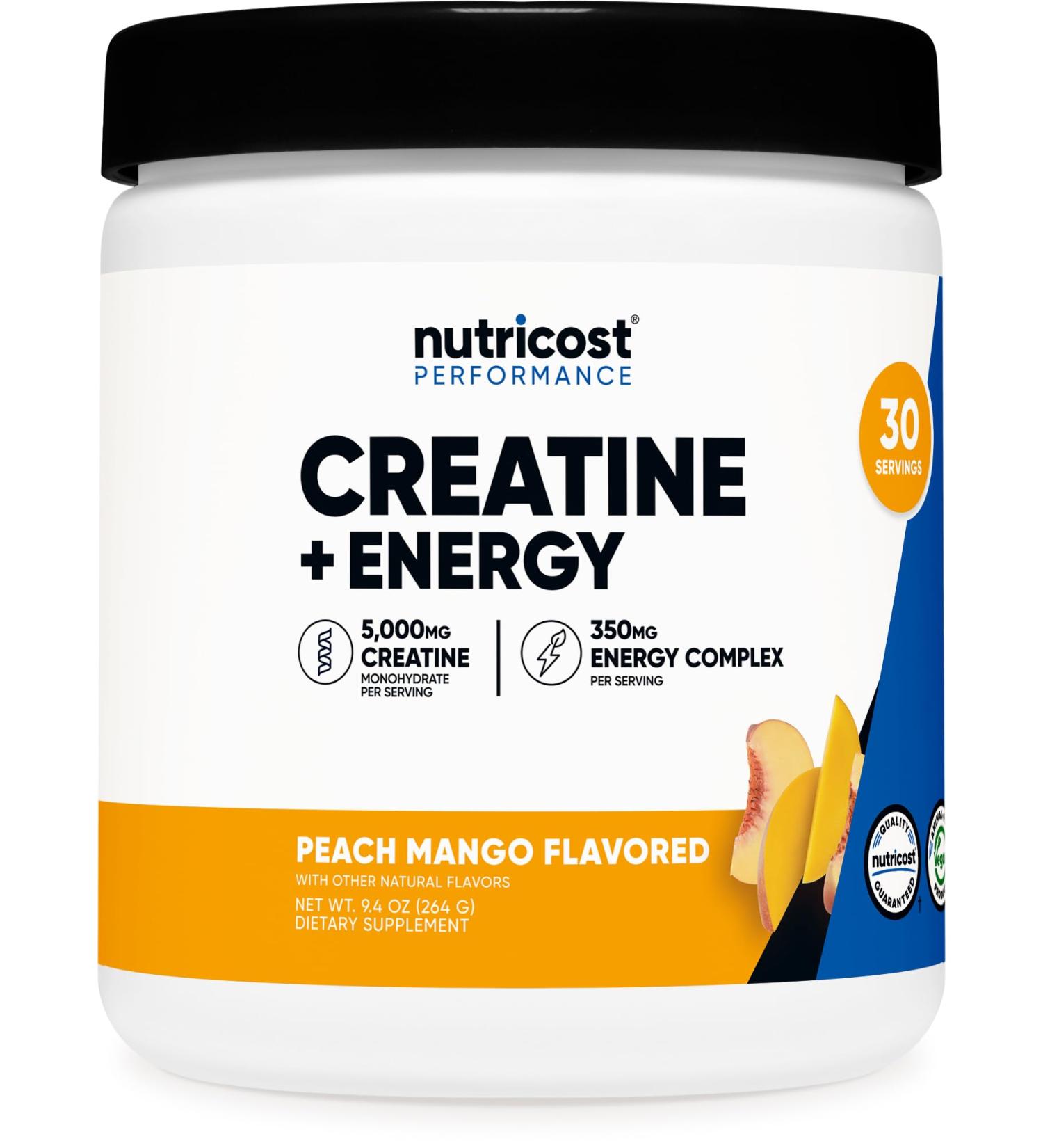 Nutricost Creatine + Energy 30 Servings (Peach Mango Flavored) - 5 000mg Creatine Monohydrate + 350mg Energy Complex Per Serving - Buy Online on GoSupps.com