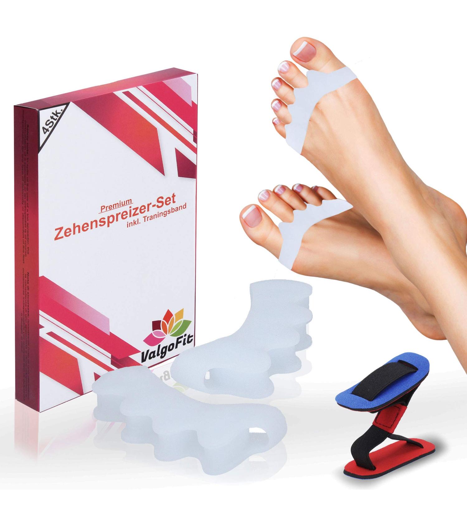 Valgofit Toe Spreader for Hallux Valgus - Silicone Toe Separator Set (4 Pieces) for Men & Women - Soft Chemical-Free Correction with Free Training Band & eBook - Buy Online on GoSupps.com