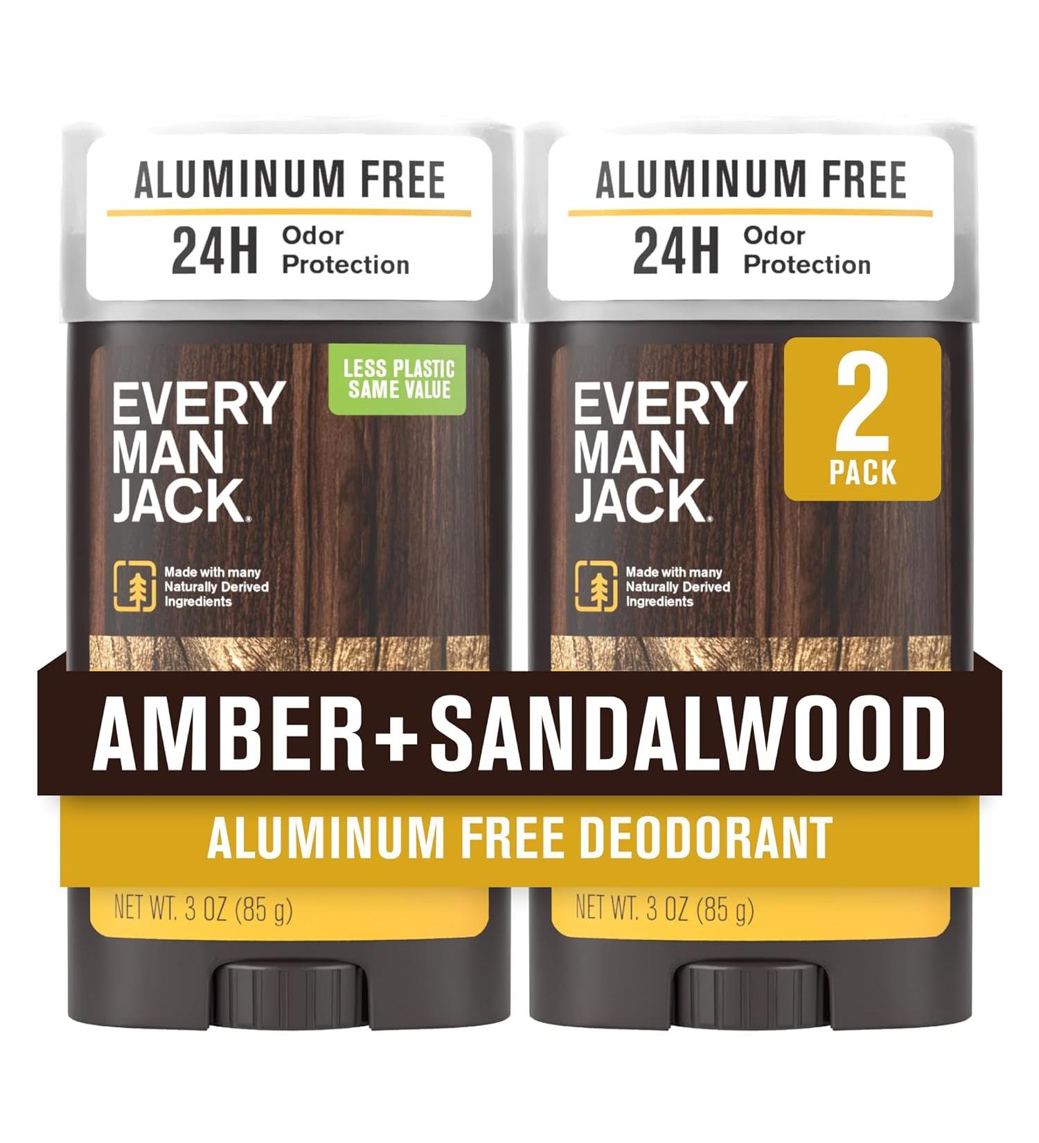 Every Man Jack Amber & Sandalwood Deodorant - Aluminum-Free, Long-Lasting, Plant-Based, 3 oz (2 Sticks) - Buy Online on GoSupps.com
