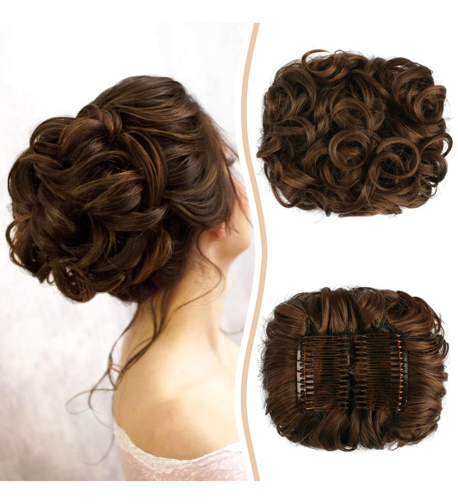 Sofeiyan Short Messy Bun Hair Piece | Wavy Curly Hair Extensions | Drawstring Ponytail Chignon Clip | Medium Brown & Light Auburn for Women - Buy Online on GoSupps.com