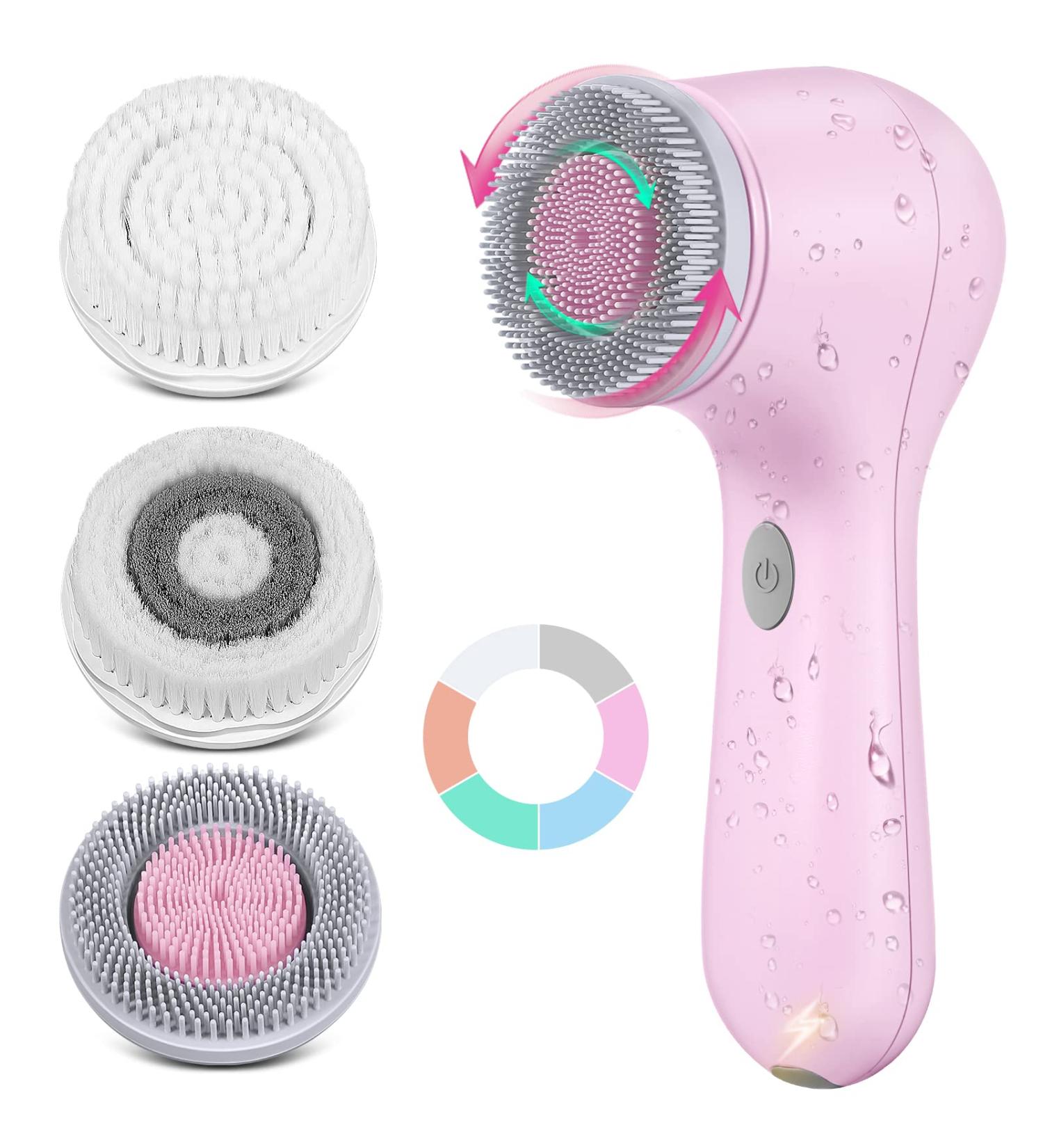 Electric Facial Cleansing Brush | IPX7 Waterproof Silicone Skin Cleanser | USB Rechargeable Exfoliating Spin Scrubber for Proactive Acne Treatment | Pink - Buy Online on GoSupps.com