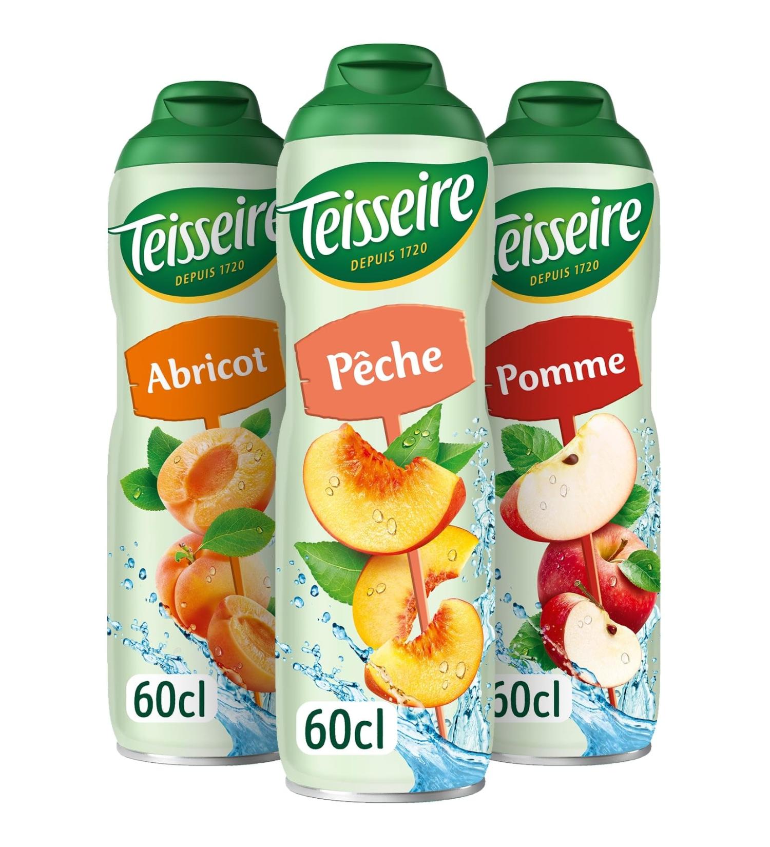 Set of 3 Teisseire Syrups (Peach Apricot Apple) for Refreshing Drinks Cocktails Recyclable Bottle 3 x 60 cl - Buy Online on GoSupps.com