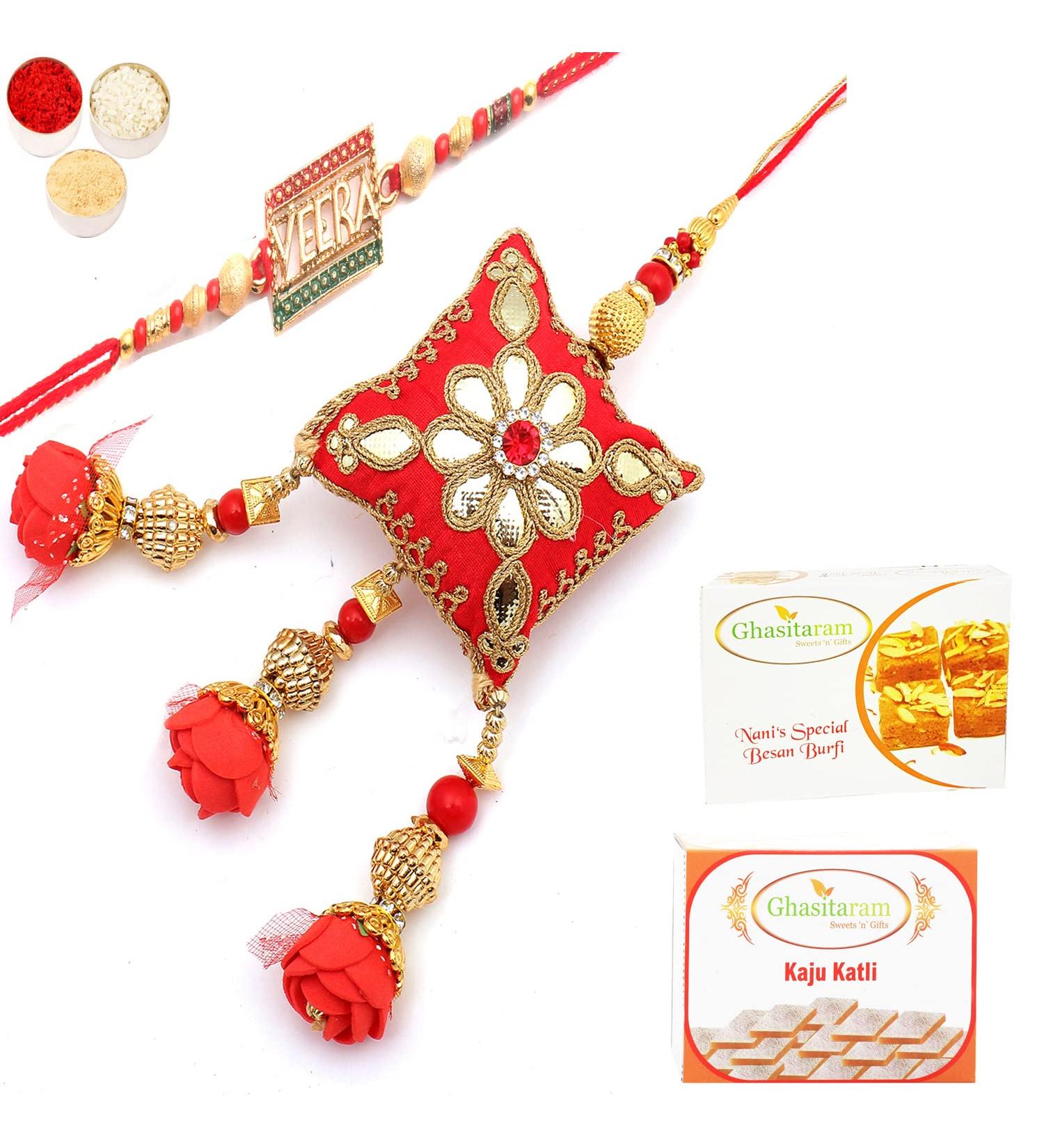 Ghasitaram Gifts Rakhis Online - Rakhi for Brother- Roses of Galore Bhaiya Bhabhi Rakhi with 200 GMS of Besan Barfi and 200 GMS of Kaju Katli Rakhi Set with 200 gms of Besan Barfi & Kaju Katli - Buy Online on GoSupps.com