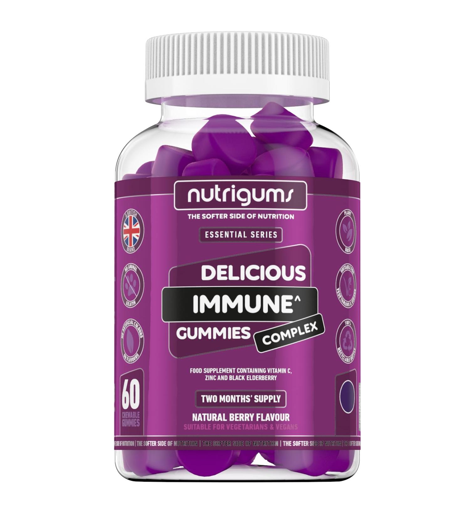 Nutrigums Immune Support Complex Gummy with Elderberry Extract, Vitamin C & Zinc - 60 Vegan Gummies, Blueberry Flavour - Buy Online on GoSupps.com