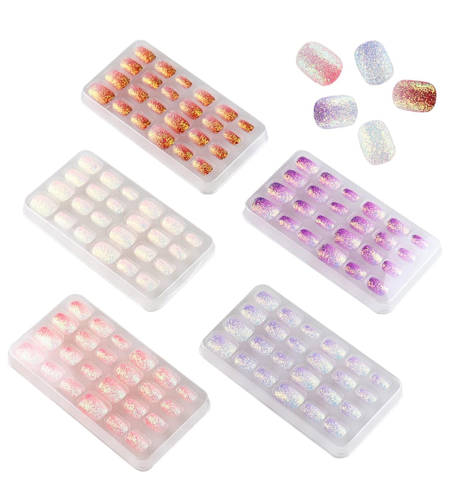 Gradient Glitter Fake Nails for Girls - 120 Piece Short Oval Nail Kit | Children's Pre-glue Acrylic Stick On Tips for Little Girl Toys - Buy Online on GoSupps.com