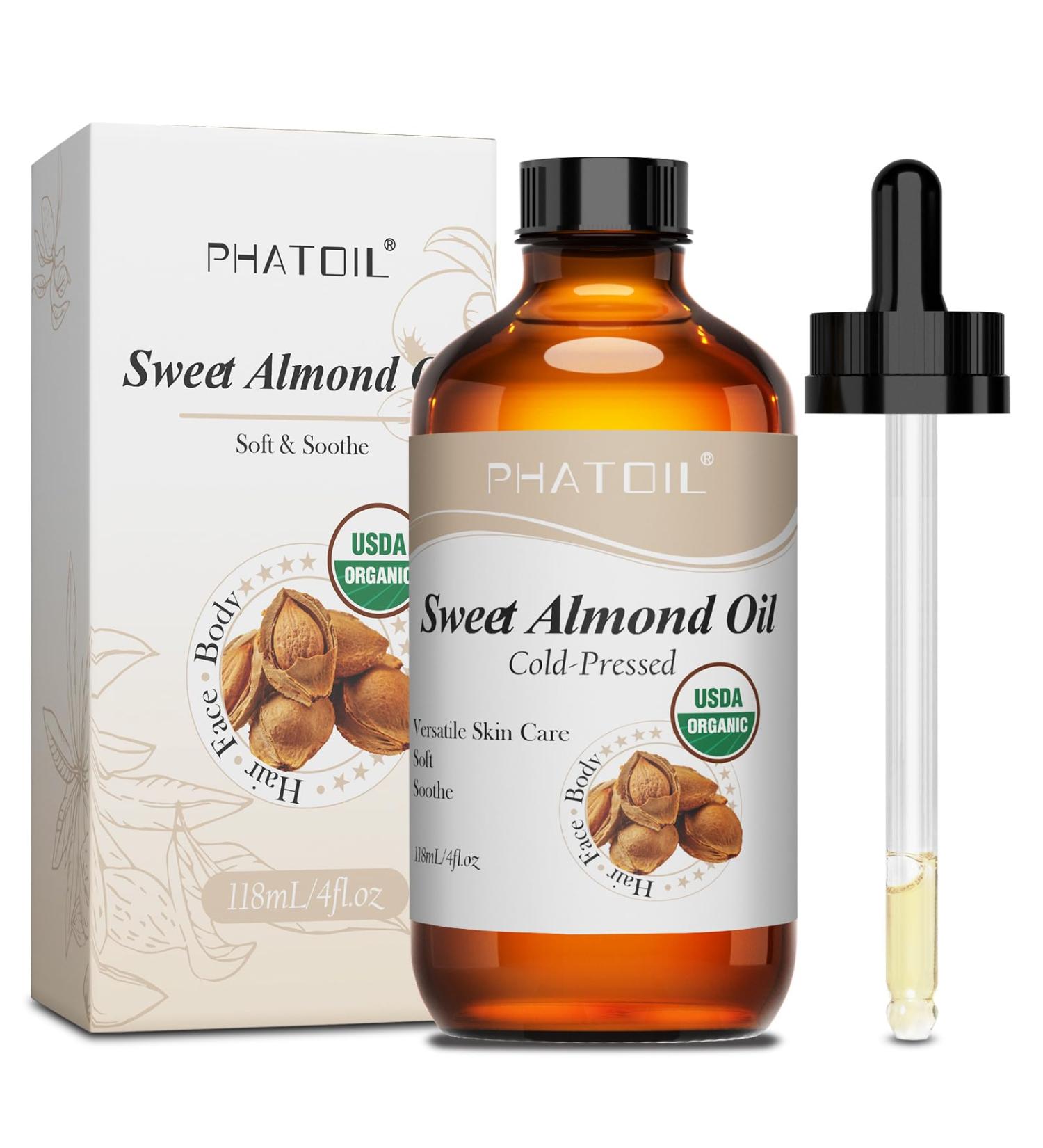 PHATOIL Organic Sweet Almond Oil for Skin 118 ml (4 fl.oz) USDA Certified Organic Cold Pressed Almond Oil in Glass Bottle for Hair Face Body Moisturizer Carrier Oil for DIY Massage Sweet Almond Oil 4 Fl Oz (Pack of 1) - Buy Online on GoSupps.com