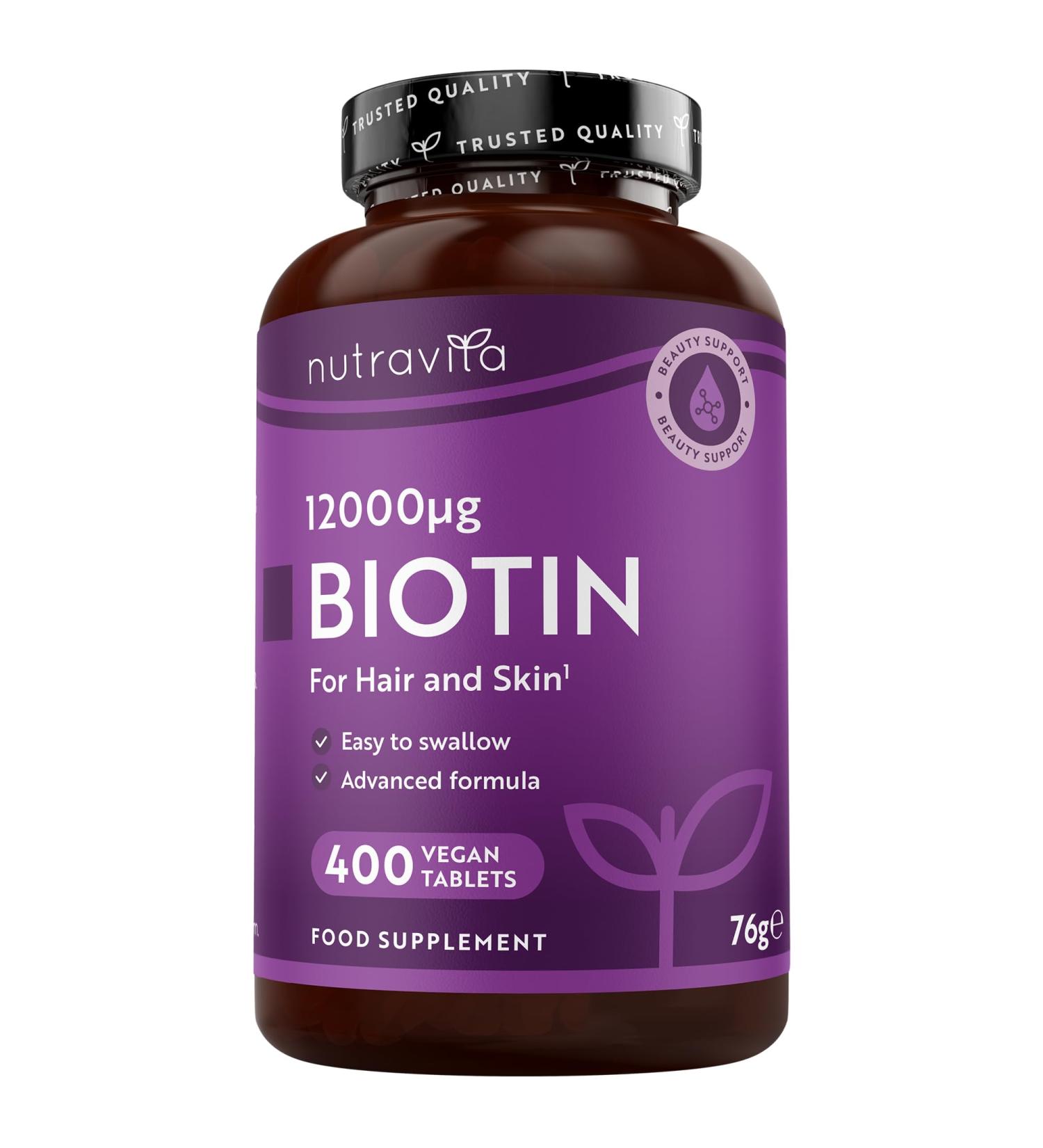 Nutravita Biotine Cheveux 12000 mcg - Complement Alimentaire Cheveux 400 Tablettes pour +1 an d'utilisation - Vitamine B7 et B8 - Vitamine Cheveux - Buy Online on GoSupps.com
