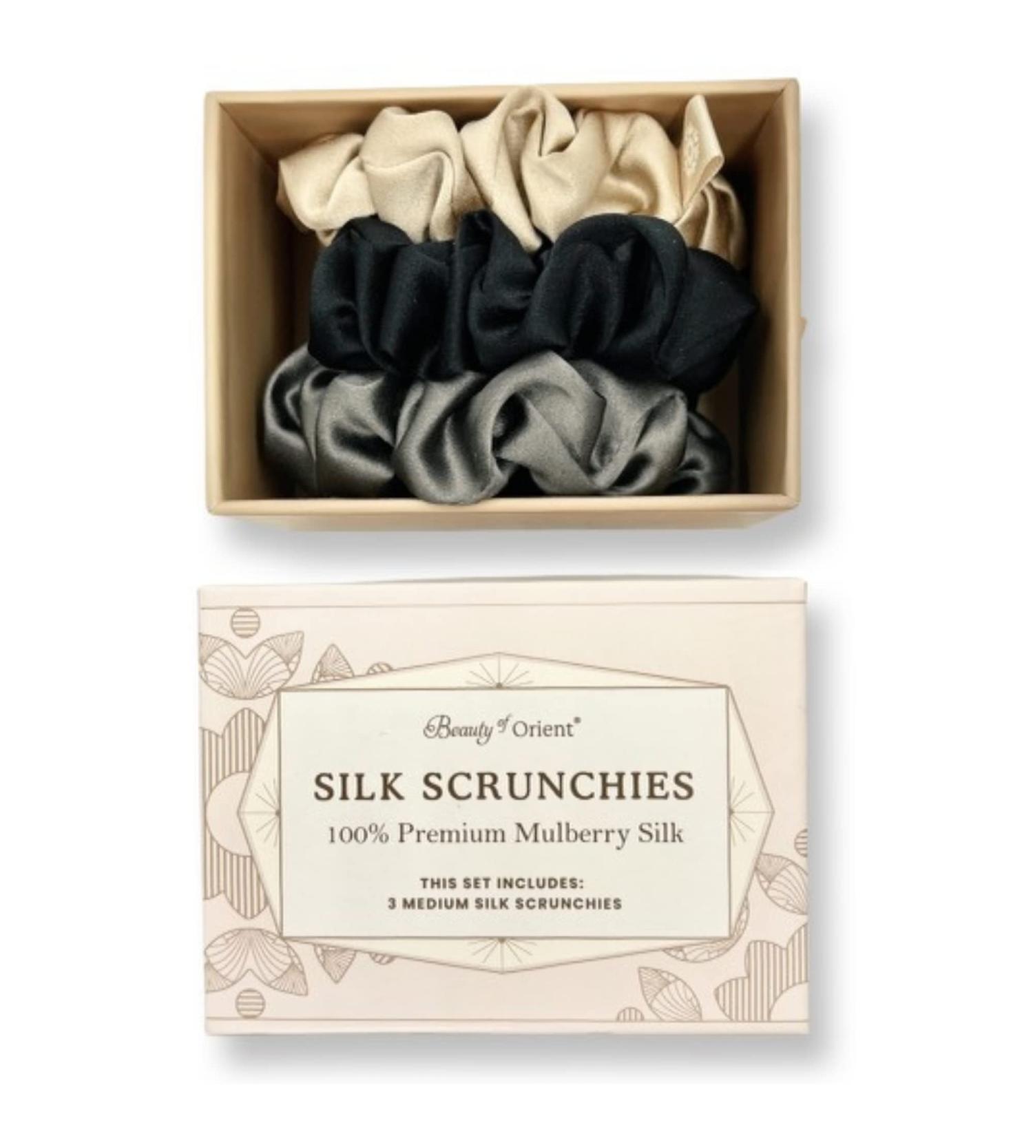 Premium Handcrafted 25 Momme Silk Scrunchies - Medium (Pack of 3) Bedrock Midnight Champagne - Buy Online on GoSupps.com