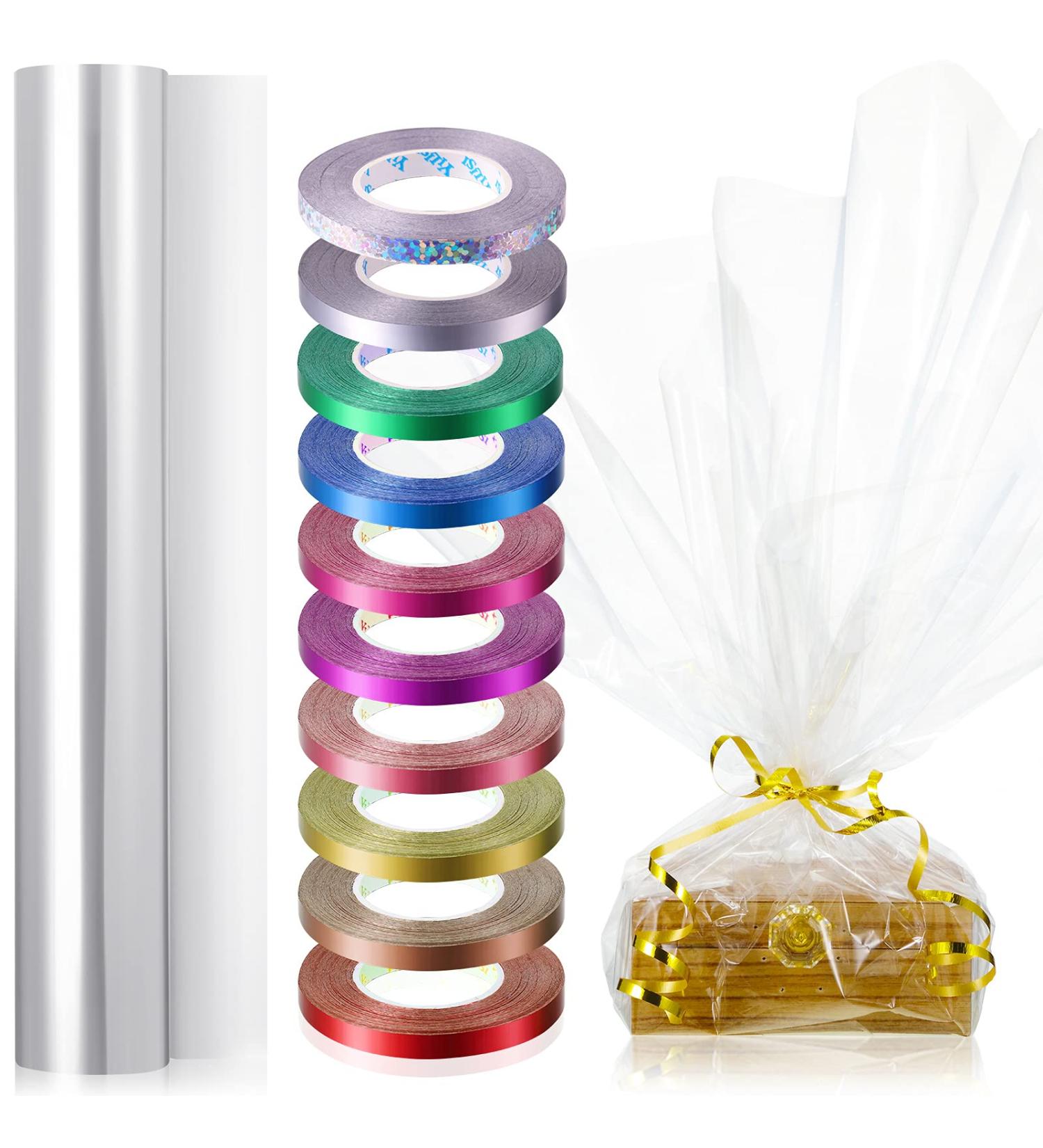 Zonon 31.5 Inch x 100 Ft Clear Cellophane Wrap Roll with 10 Rolls Colorful Curling Ribbon - Ideal for Flowers, Baskets, and Handicrafts - Buy Online on GoSupps.com