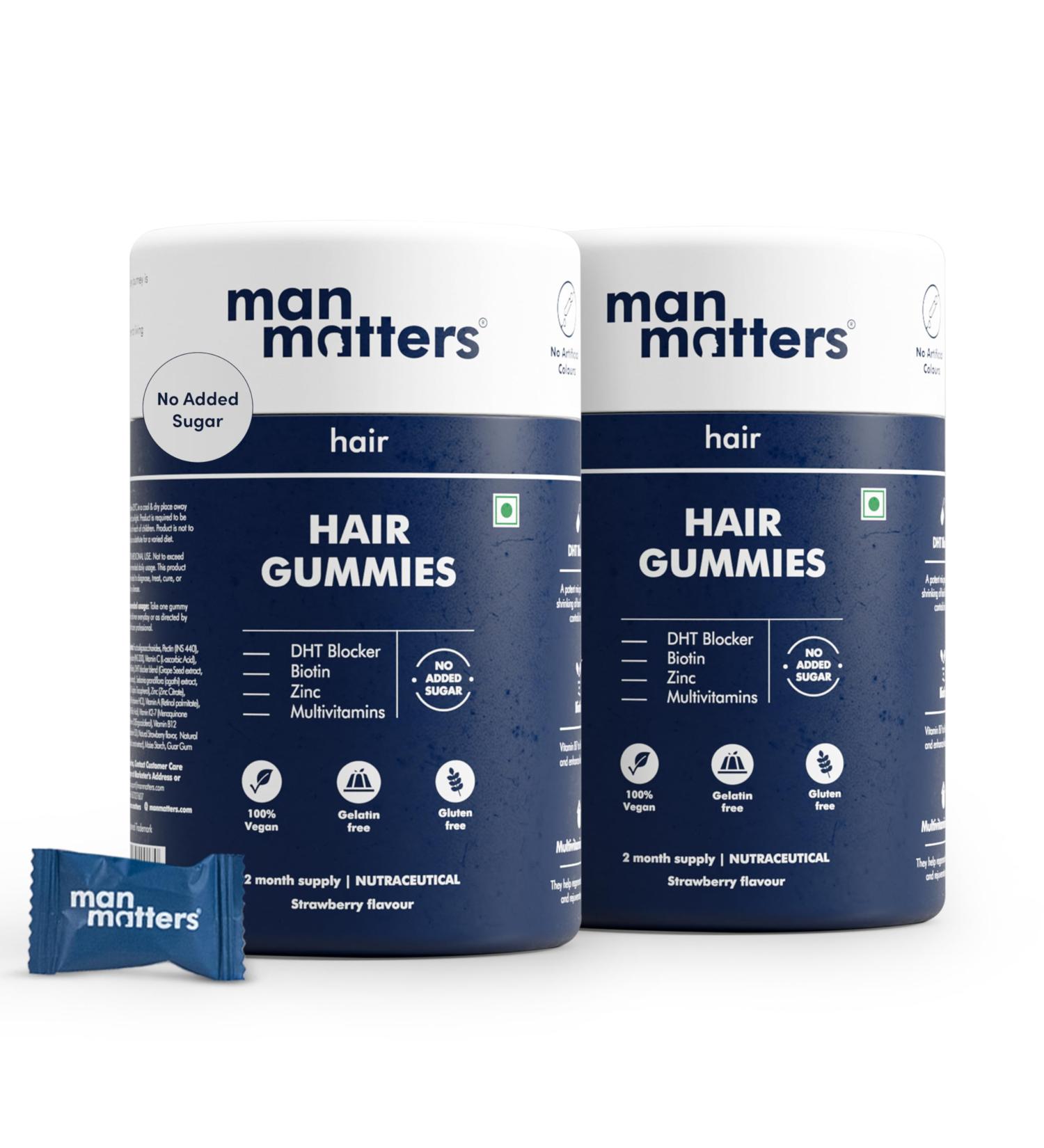 Man Matters Biotin Hair Gummies | Yummy Chewable Strawberry Flavored for Healthy Hair | Pack of 2 (60 Gummies Each) - Buy Online on GoSupps.com