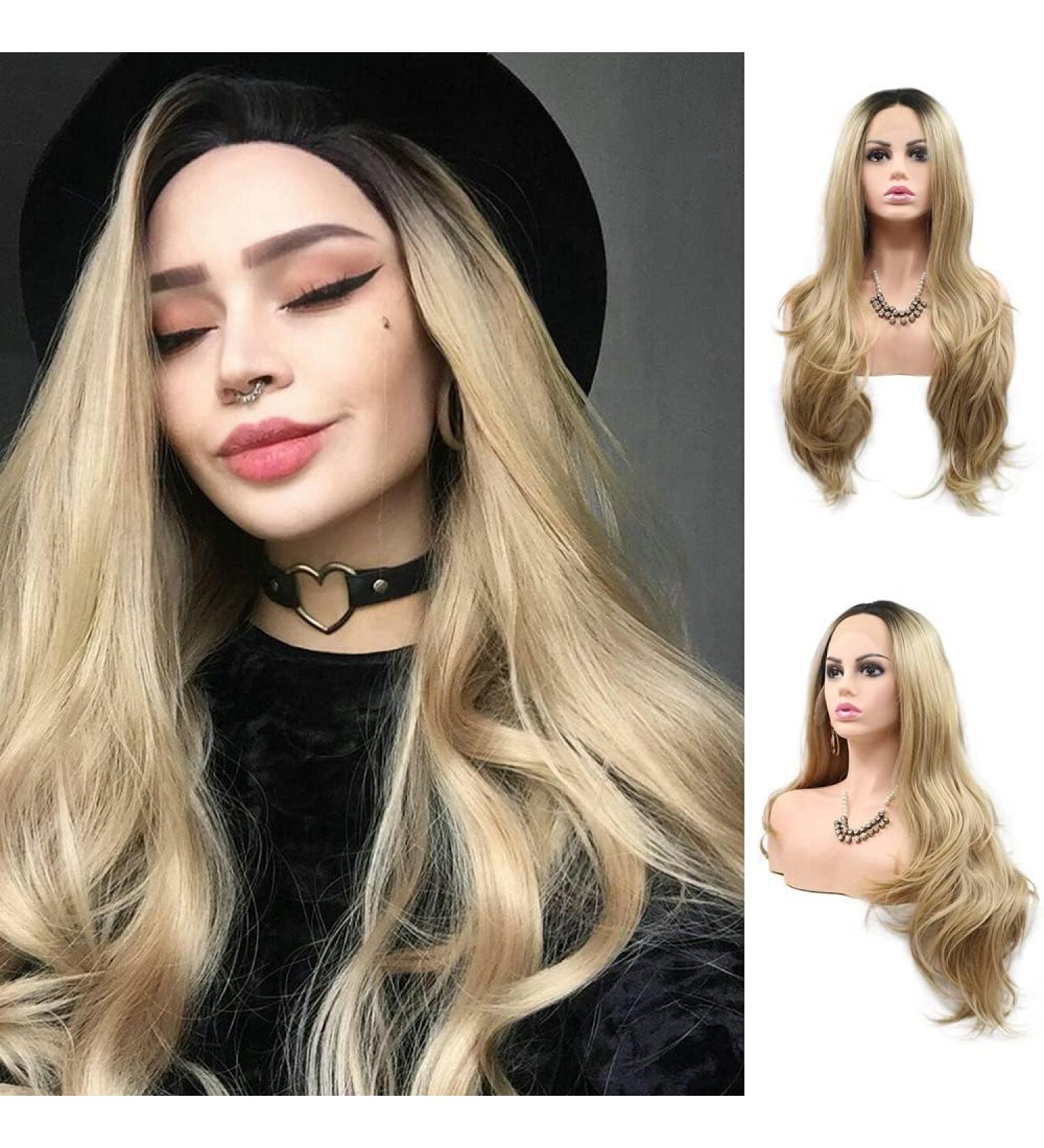 Dark Root Heat Resistant Ombre Blonde Body Wave Synthetic Lace Front Wig for Women | Two Tone Drag Queen Cosplay Hair - Buy Online on GoSupps.com
