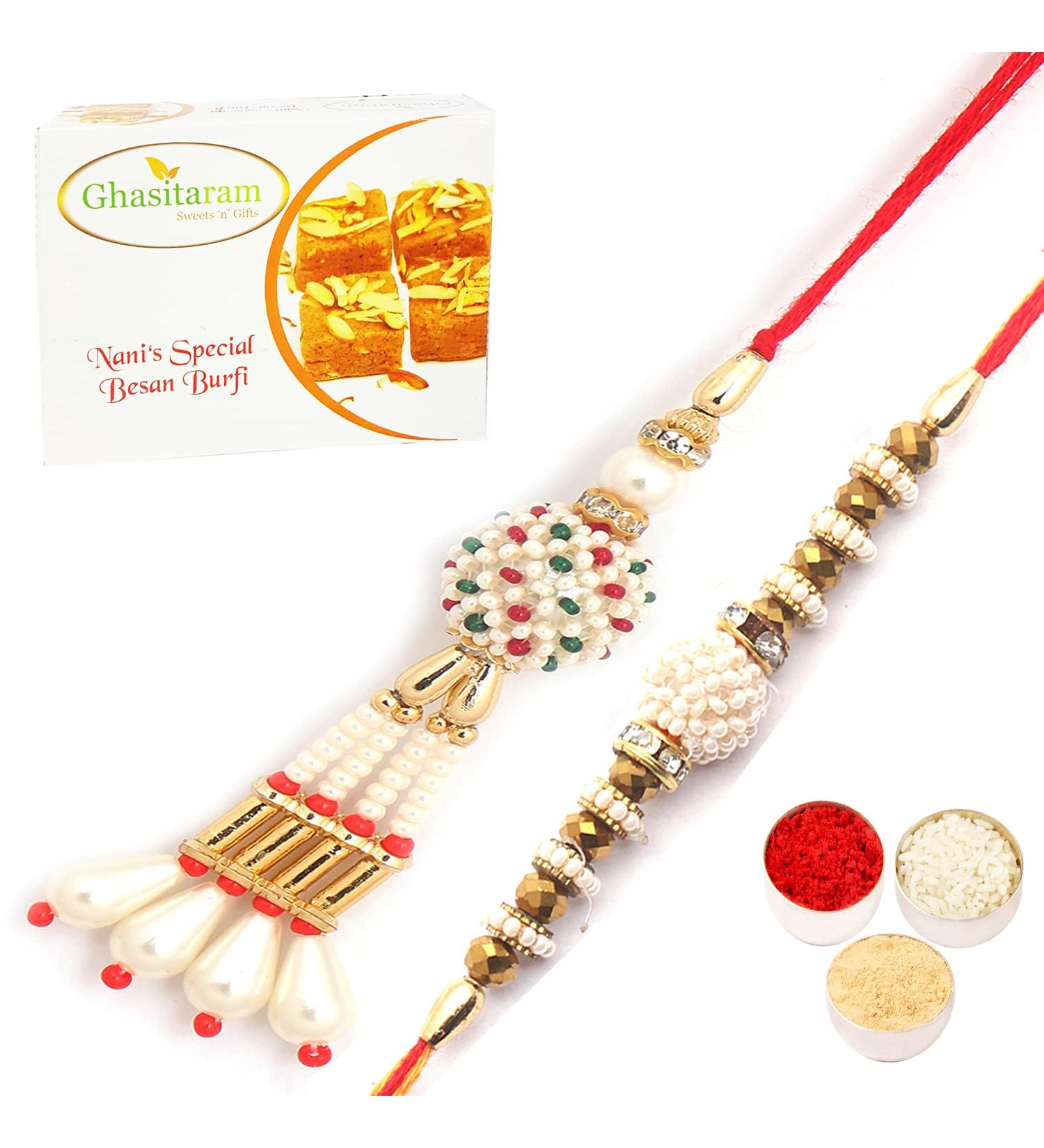 Ghasitaram Gifts Rakhis Online - Rakhi for Brother- Shimmering Blessings cl6101 Bhaiya Bhabhi Rakhi with 200 GMS of Besan Barfi - Buy Online on GoSupps.com