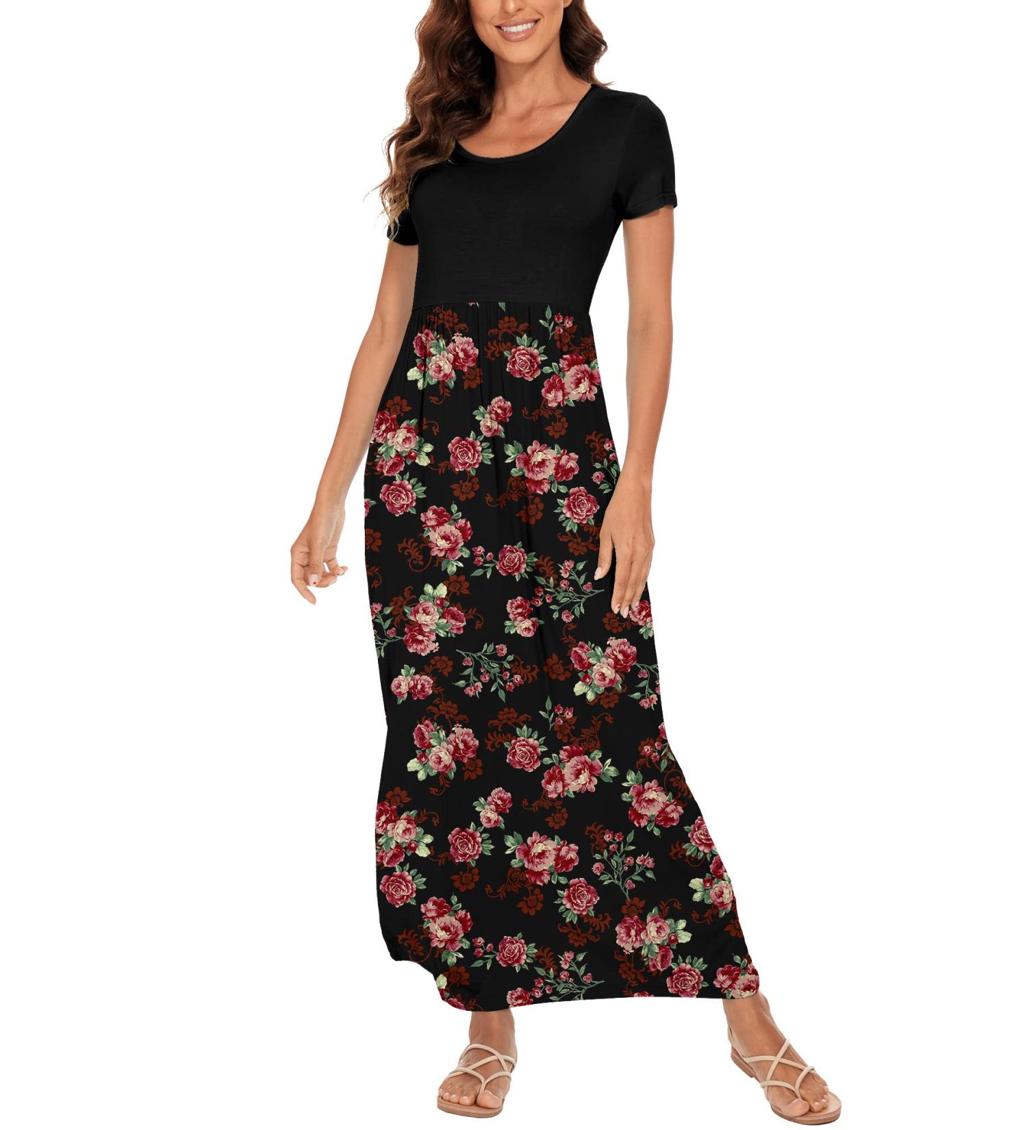 YUNDAI Womens Summer Maternity Maxi Dress with Pocket, Floral Loose Fit, Short Sleeve, Plus Size - Rose Black (Size M) - Buy Online on GoSupps.com