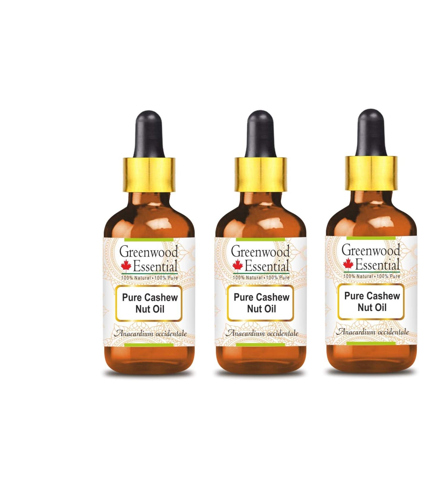 Greenwood Essential Natural Cashew Nut Oil - Therapeutic Quality for Hair Skin & Aromatherapy | Pack of 3 x 100ml (10 oz) with Glass Droppers - International Shipping - Buy Online on GoSupps.com