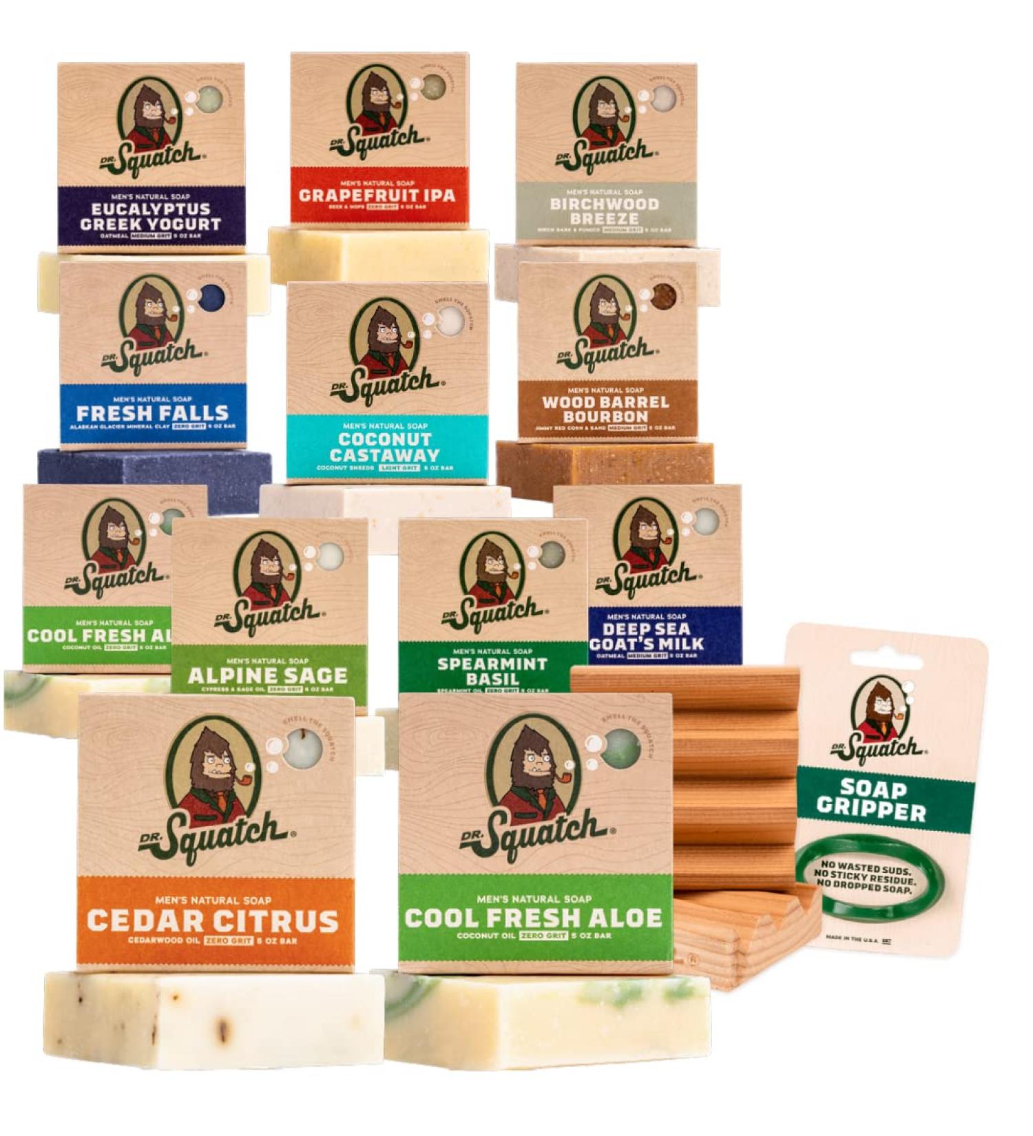 Dr. Squatch Men's Natural Bar Soap 12 Pack with Soap Saver & Gripper Coconut Castaway, Cool Fresh Aloe, Fresh Falls Moisturizing Soap for All Skin Types - Buy Online on GoSupps.com