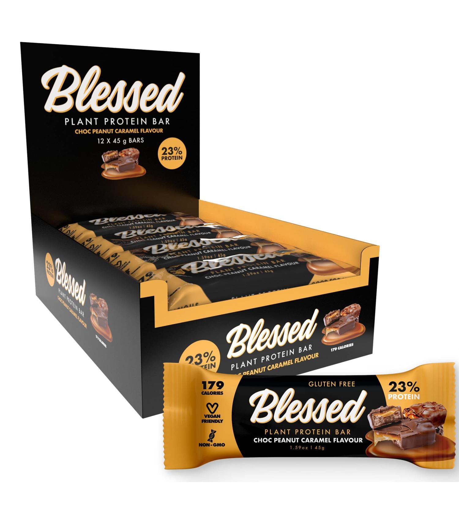 Blessed Vegan Protein Bars - Plant Based Protein Bars Low Calorie High Protein Meal Replacement Bar - Dairy Free Nutritious Vegan Snacks - 12 Pack Choc Peanut Caramel - Buy Online on GoSupps.com