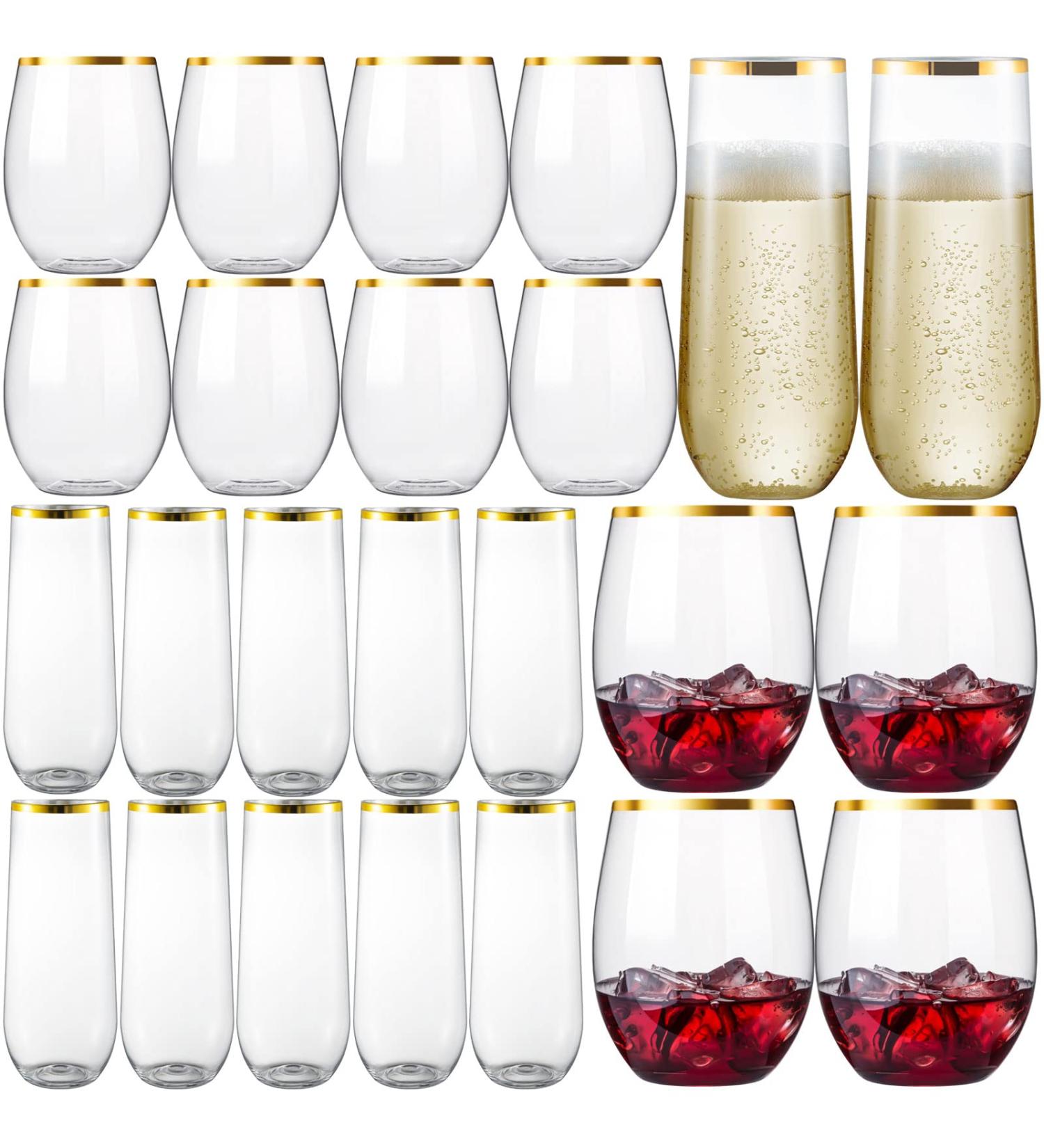 24 Pcs Disposable Stemless Wine & Champagne Glasses Set - Gold Rim Unbreakable Toasting Cups for Parties - Buy Online on GoSupps.com