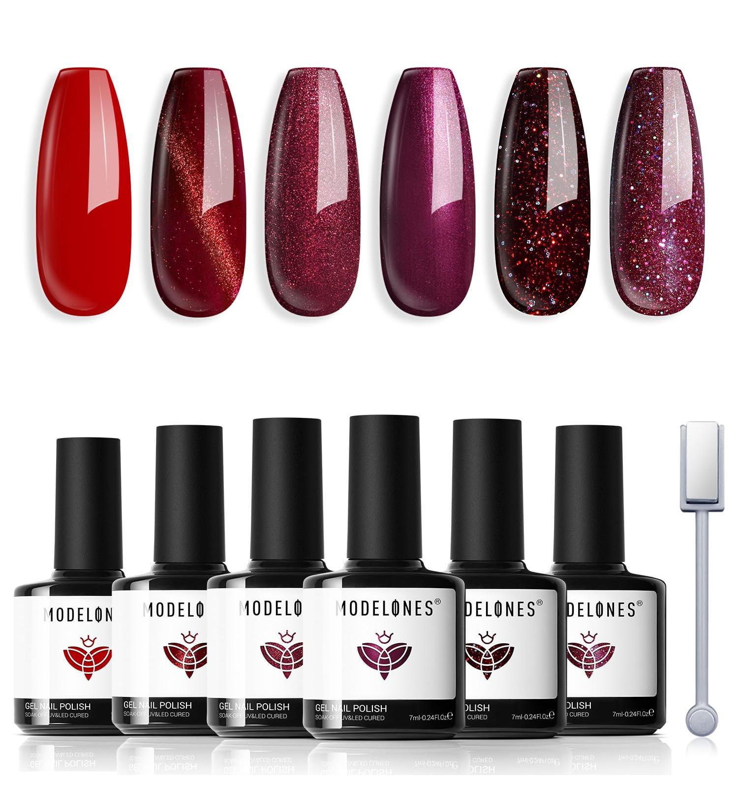 Modelones Gel Nail Polish Set 6 Colors Red Glitter Gel Polish Burgundy 9D Cat Eye Gel Nail Polish with Magnet Chameleon Shimmer Magnetic Gel Polish Set Nail Art DIY Salon Home for Women - Buy Online on GoSupps.com