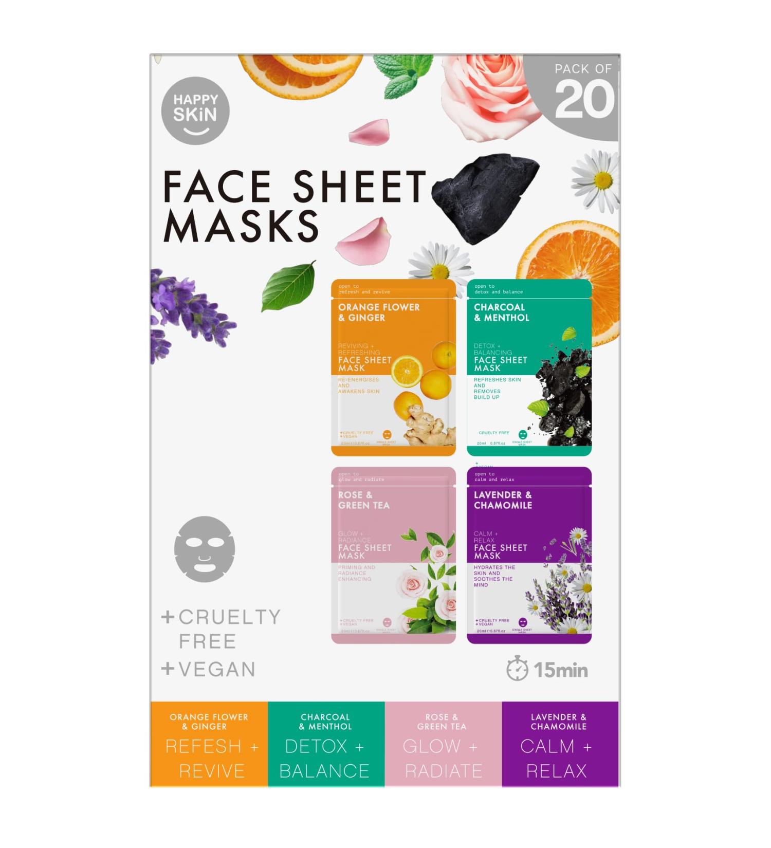 Happy Skin Facial Masks for all skin types over 1 million sold detoxifying charcoal whitening rose & green tea lavender & chamomile vitamin C orange & ginger white 20 pieces - Buy Online on GoSupps.com