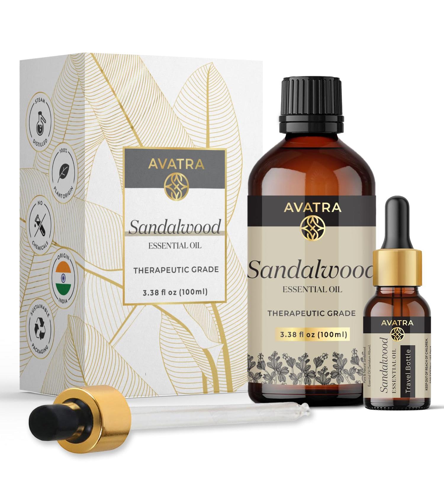 Avatra Sandalwood Essential Oil 100ML (3.38 OZ) with Glass Dropper and Travel Bottle Pure and Natural Therapeutic Grade Sandalwood Oil for Diffuser Aromatherapy Massage and DIY Candle Products - Buy Online on GoSupps.com