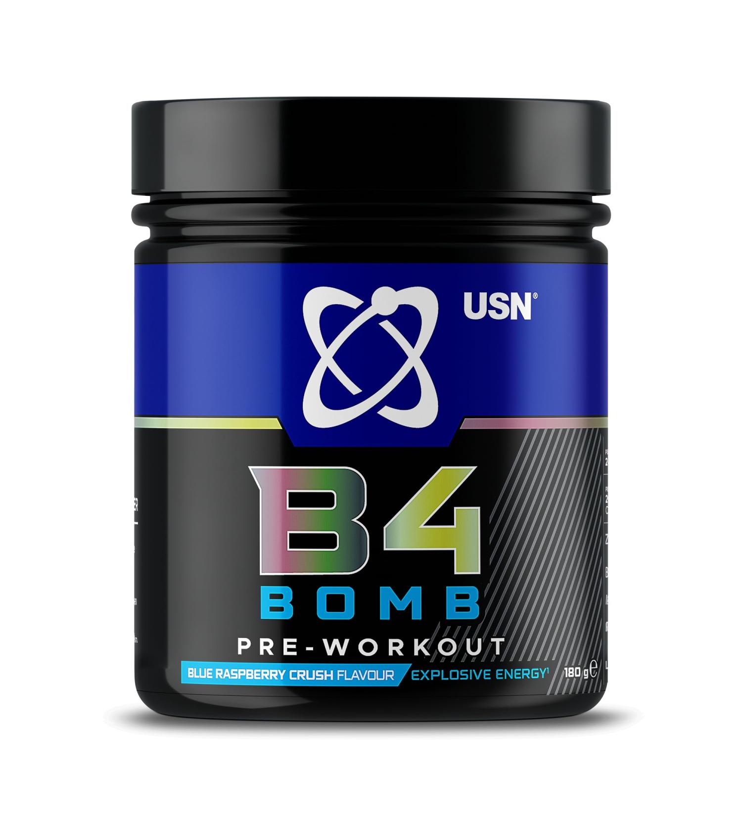 USN Pre Workout B4 Bomb Blue Raspberry 180g: Explosive Pre Workout Energy Drink Powder with Caffeine Beta-alanine l-Citrulline (12 servings) Blue Raspberry 12 Servings (Pack of 1)