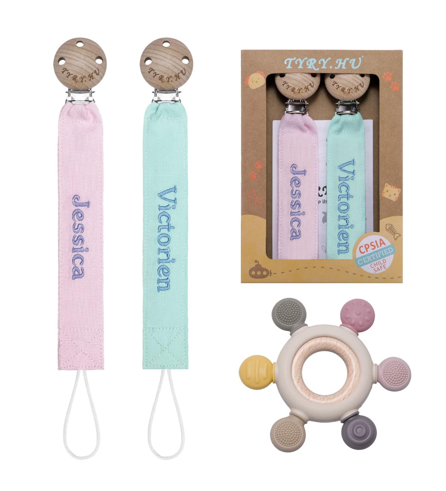 Personalized Pacifier Clip with Name Embroidery - 2 Pack for Girls and Boys, Universally Fit All Pacifiers - Baby Gift Set with Rudder Teething Toy - Buy Online on GoSupps.com