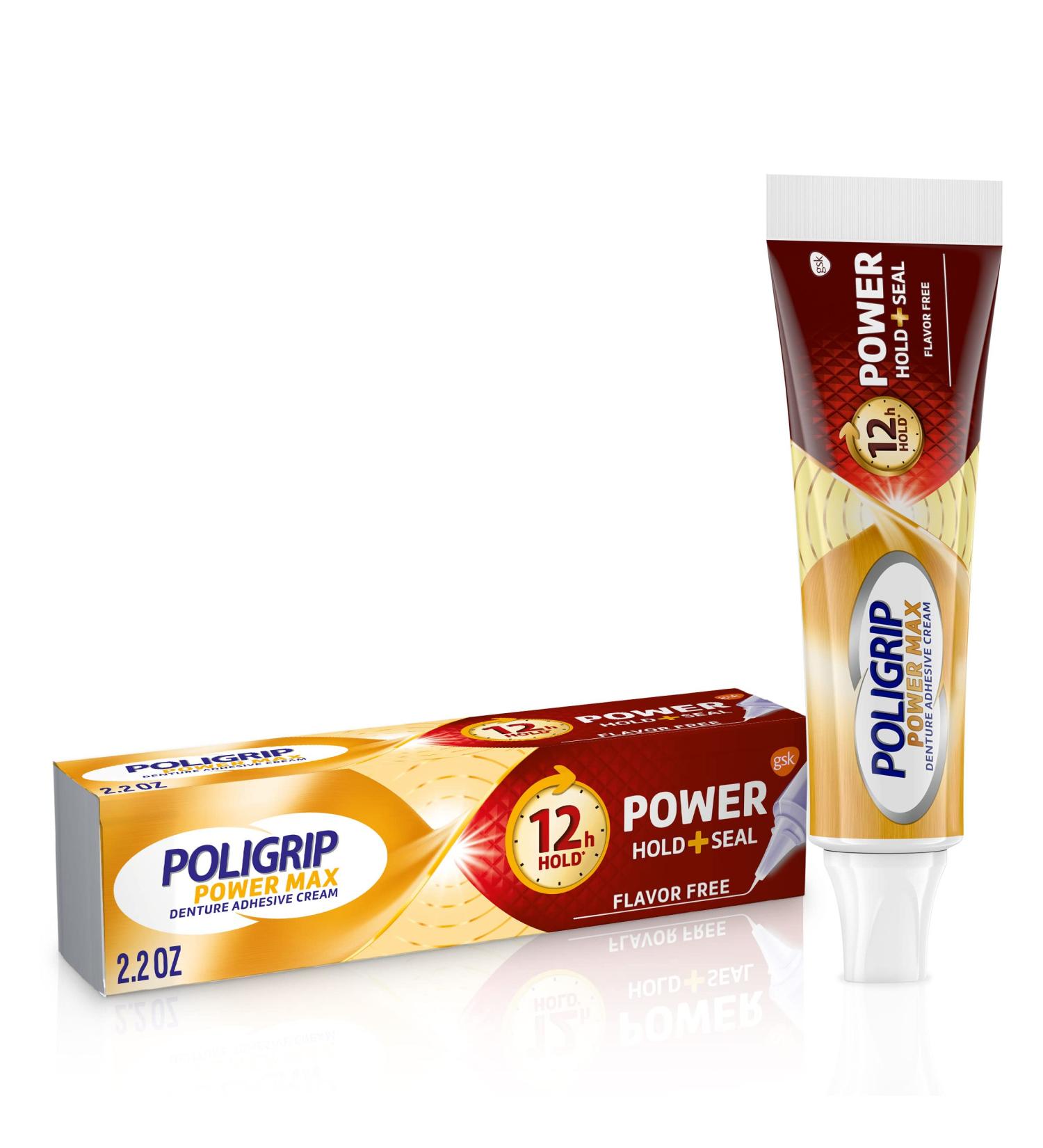 Poligrip Power Max Denture Adhesive Cream - 2.2 oz | Secure Hold & Food Seal | Flavor Free - Buy Online on GoSupps.com