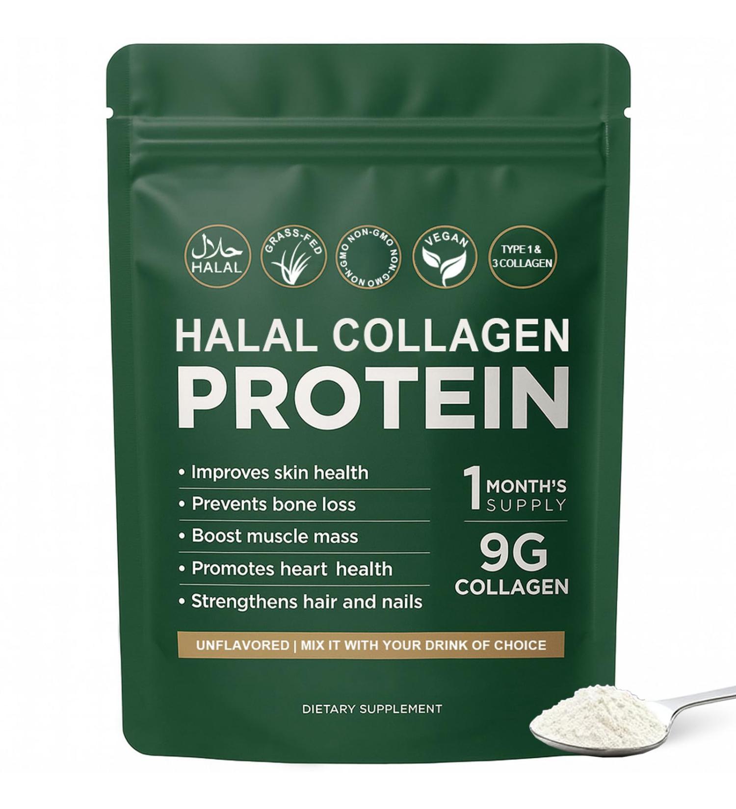 Halal Collagen Protein Powder - Pure Halal Collagen Peptides Grass Fed Organic Hydrolyzed Powder Skin Glows | Joints Support | Gut Support Non GMO Sugar Free Unflavoured 30 Servings - Buy Online on GoSupps.com