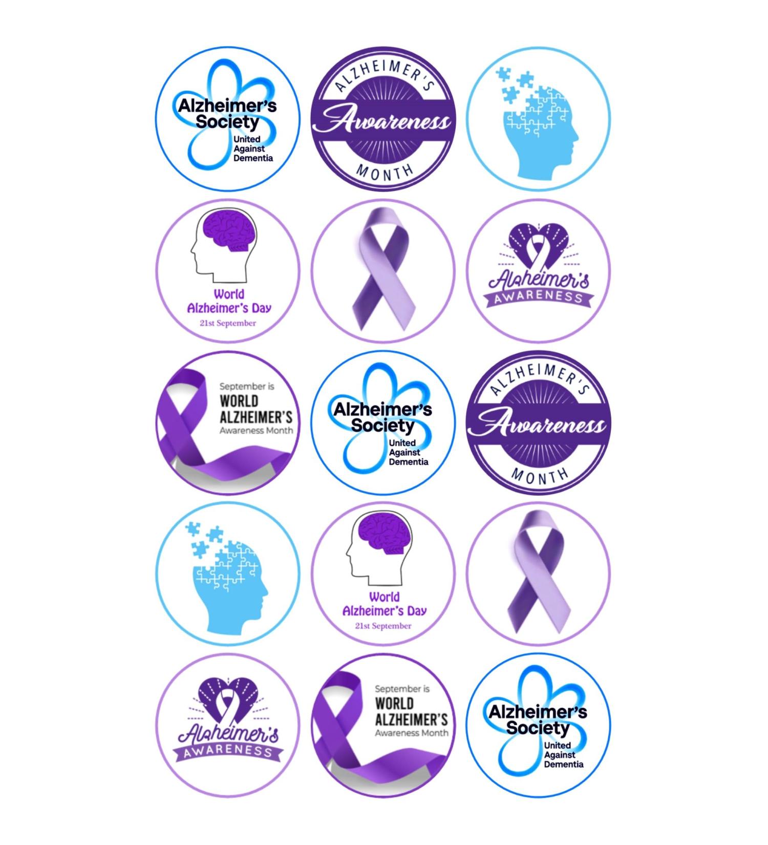 15 x Alzheimer's Awareness Mix Edible Wafer or Icing Cupcake Topper Fun Charity Party Cake Decorations Perfect For Brownies Cookies Muffins & More! (Edible Wafer Card)