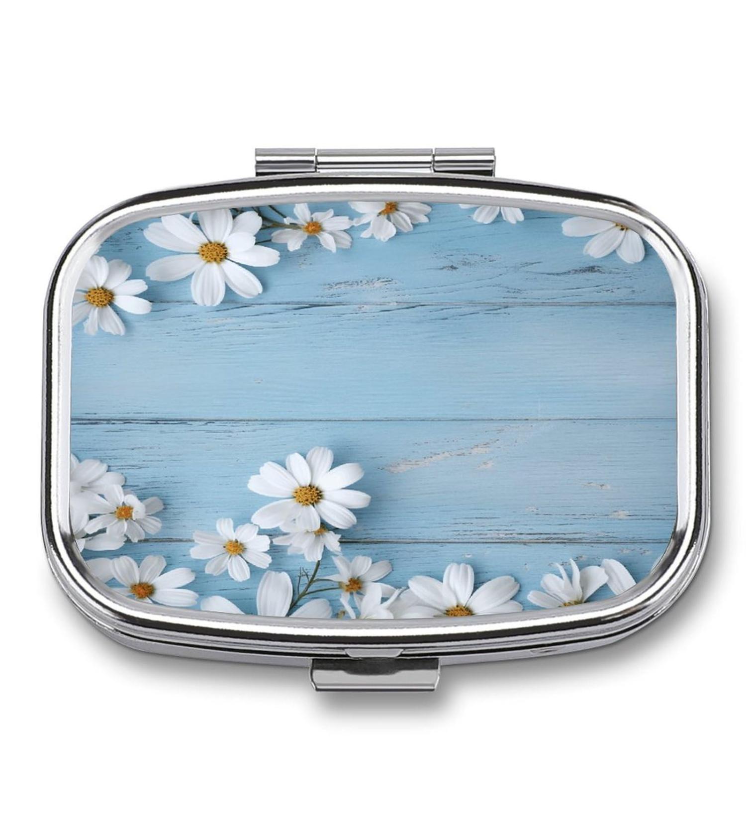White Flowers Light Blue Wood Print Pill Box Decorative 2 Compartment Portable Pill Organizer for Pocket & Purse - Buy Online on GoSupps.com
