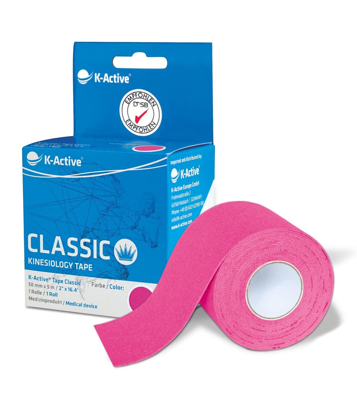 K-Active Tape Classic - Super Skin-Friendly Kinesiology Tape for Sports & Therapy | Waterproof | Extra Long 5cm x 5m - Pink K-Magenta - Buy Online on GoSupps.com