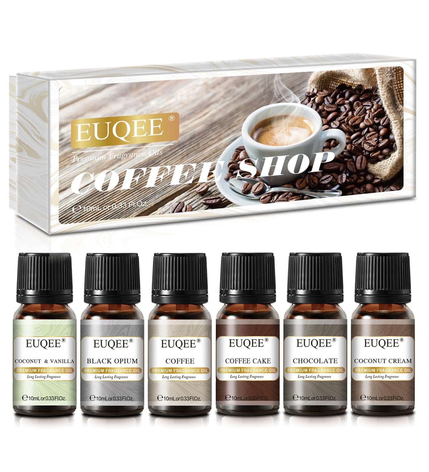 EUQEE Coffee Fragrance Oils Gift Set - 10ml Essential Oils for Home Diffusers - Coffee Cake, Chocolate, Coconut, Vanilla, Black Opium Scents - Buy Online on GoSupps.com
